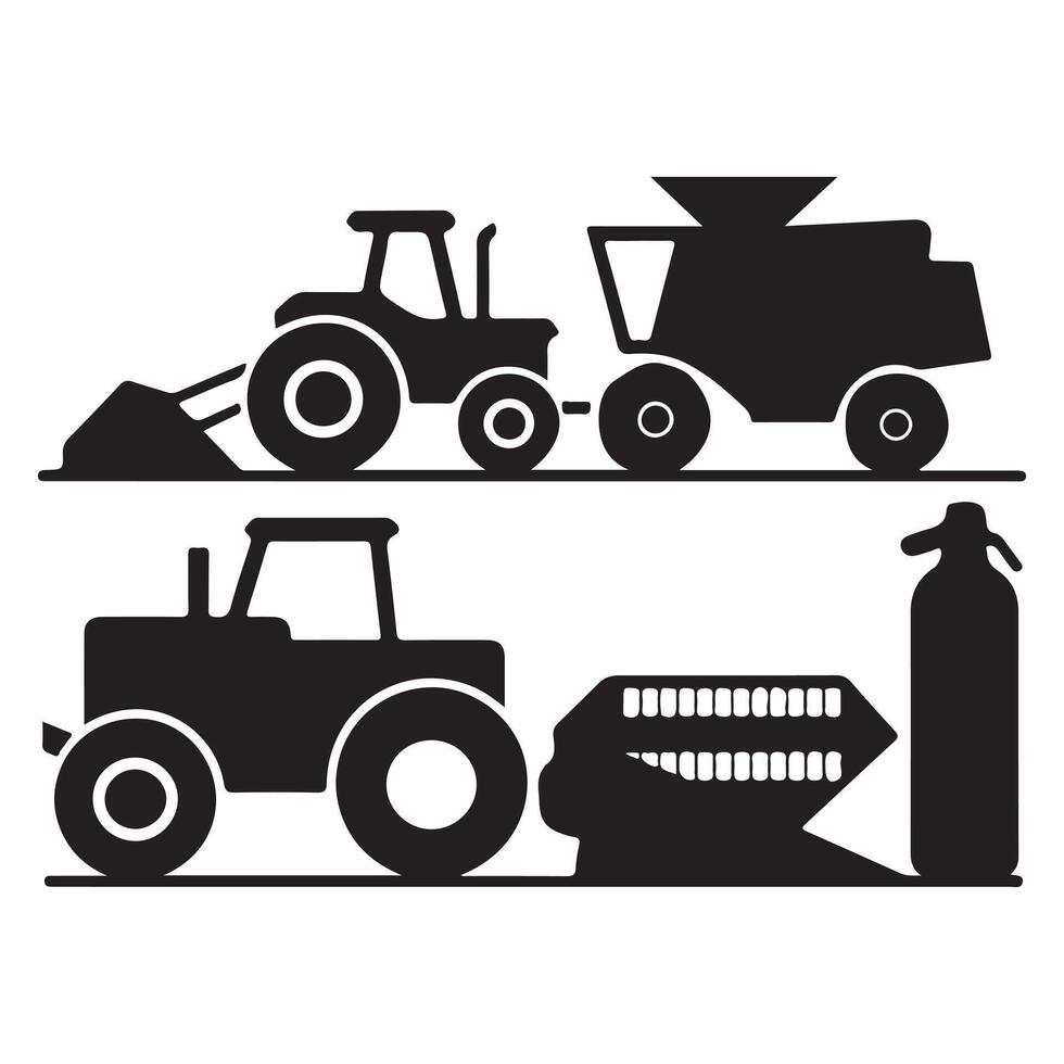 Farm Equipment Tractors and Combine Harvester Silhouettes vector