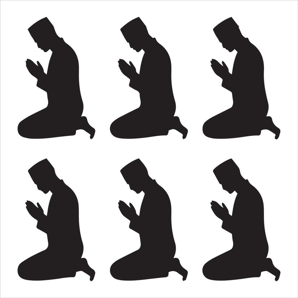 Black Silhouettes of Muslims in Prayer Forgiveness and Worship Pack vector