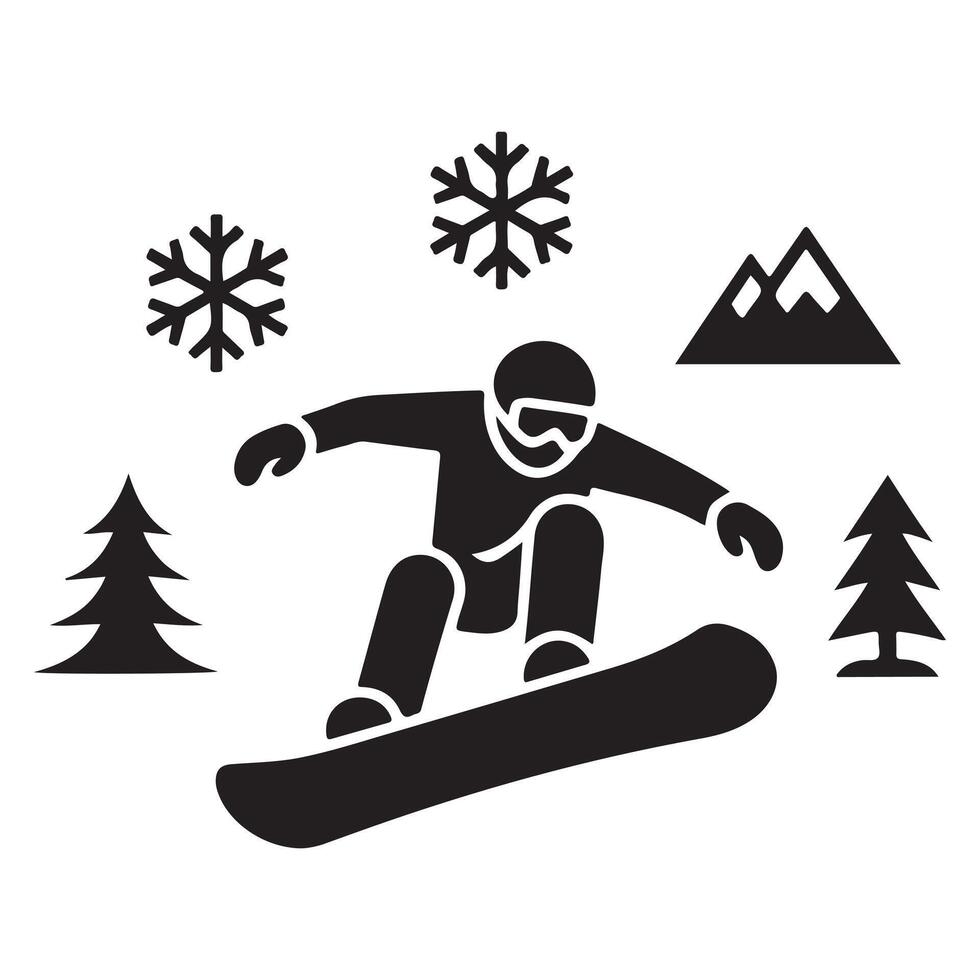 Snowboarding Silhouette with Nature Elements and Snowflakes vector