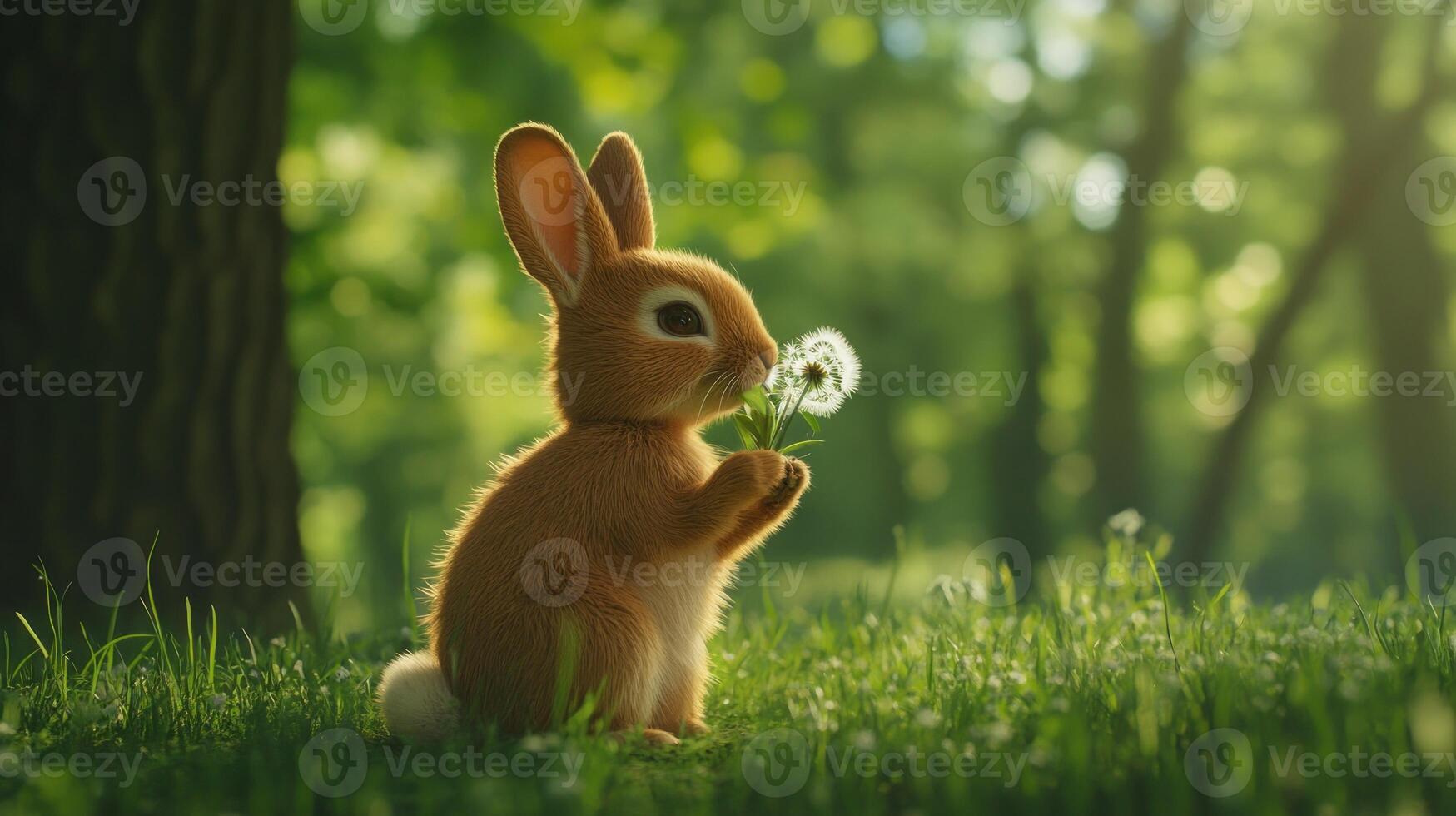 Cute bunny sniffing dandelion in a sunlit forest photo