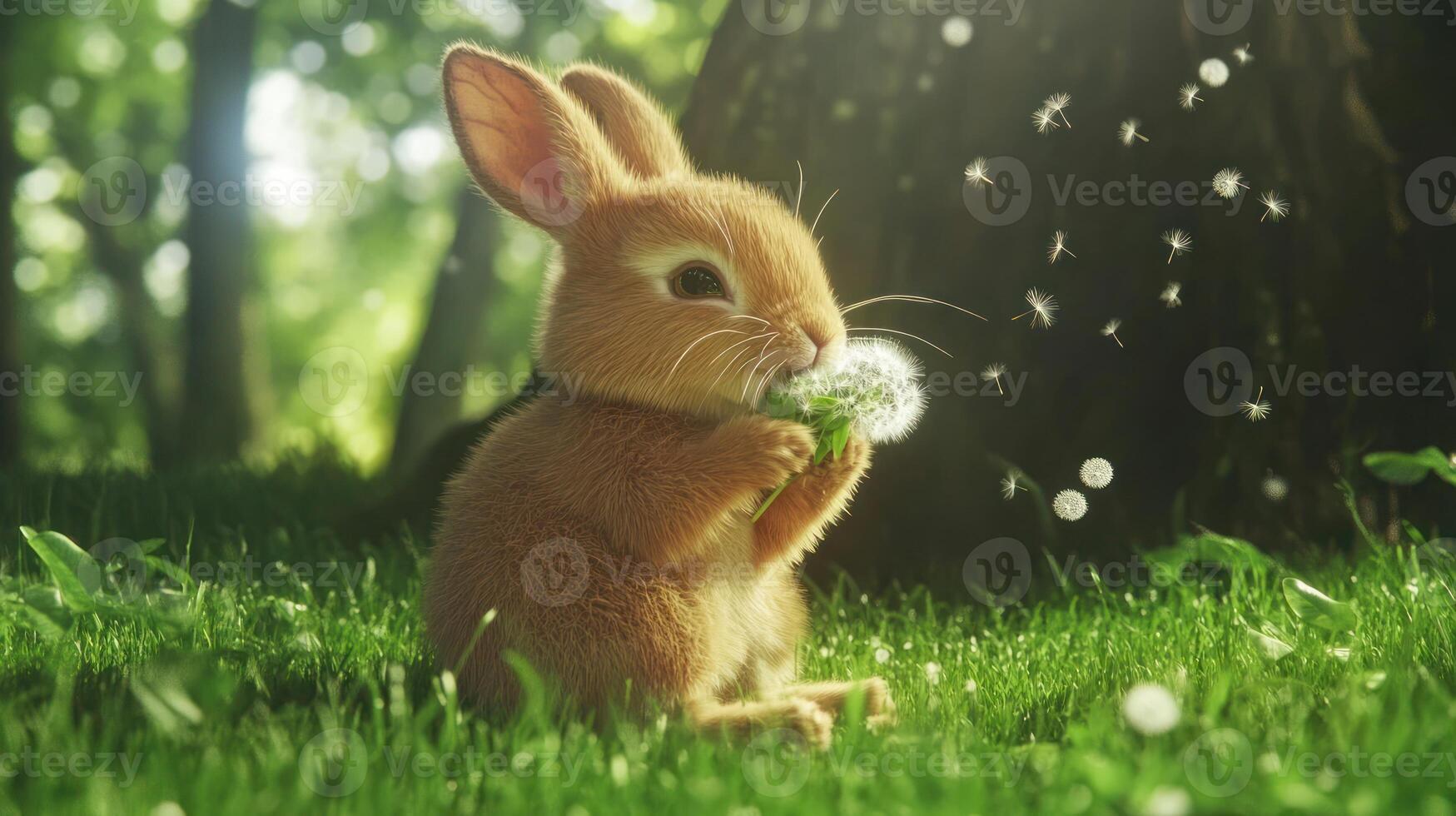 Cute rabbit eating dandelion in sunlit forest photo