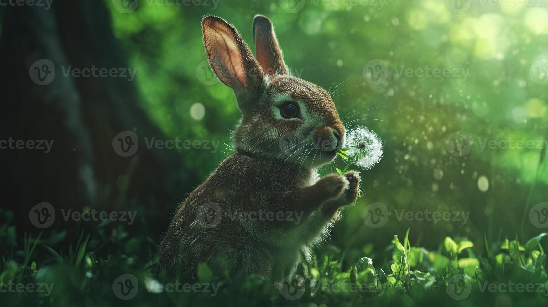 Cute bunny sniffing dandelion in lush green forest photo