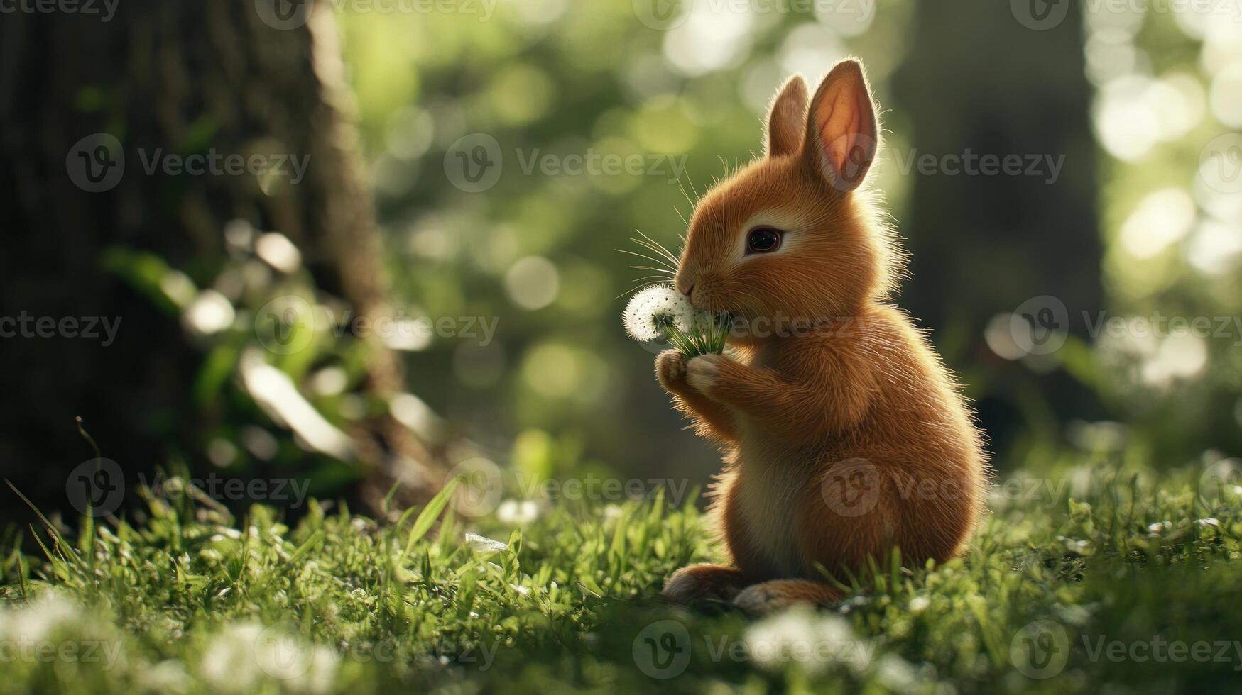 Fluffy baby rabbit in forest, eating tiny flowers. Sunlight filters through trees photo