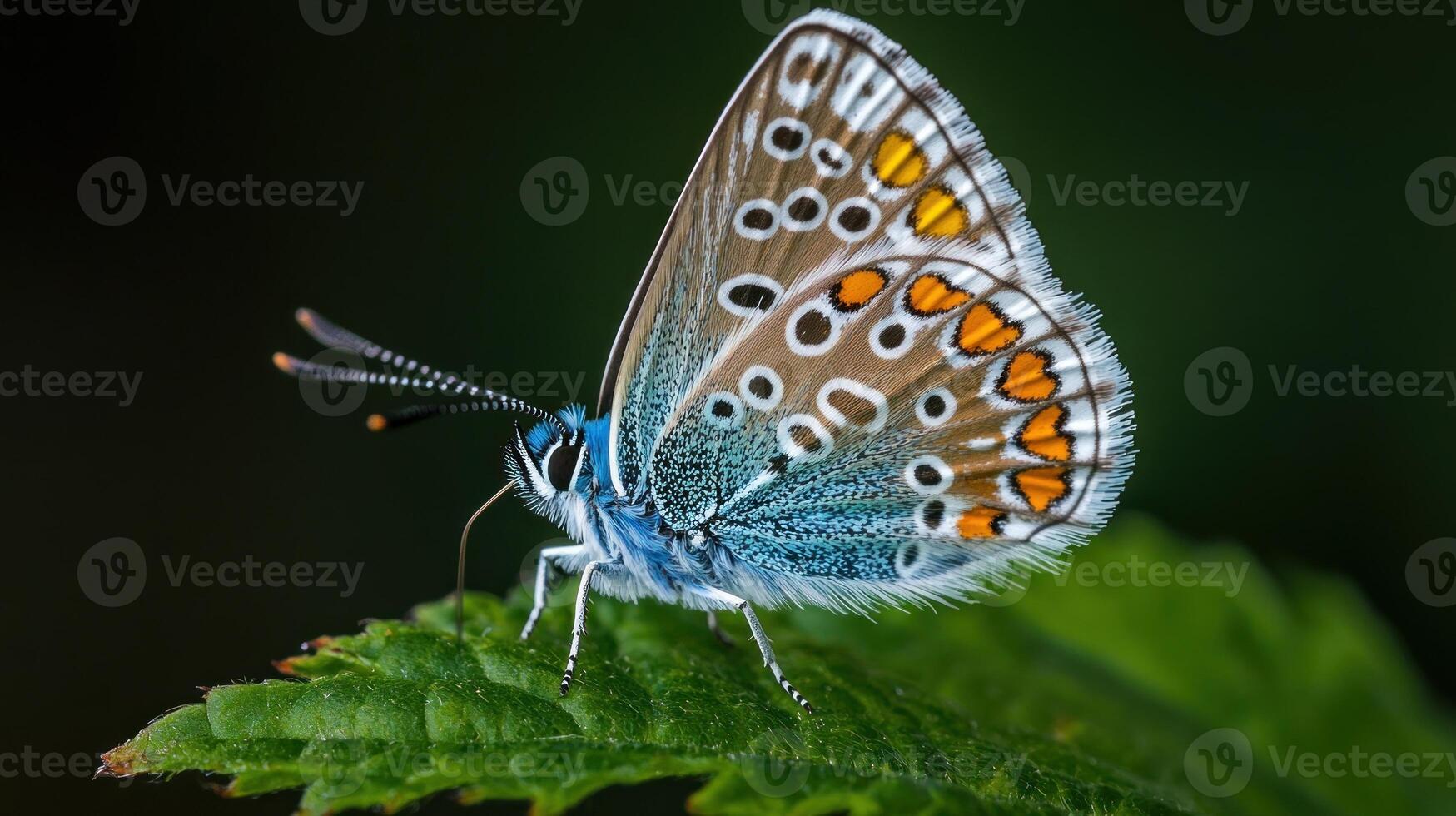 Close-up of a butterfly perched on a leaf. Vibrant blue, brown, and orange wings with intricate patterns. Dark background photo