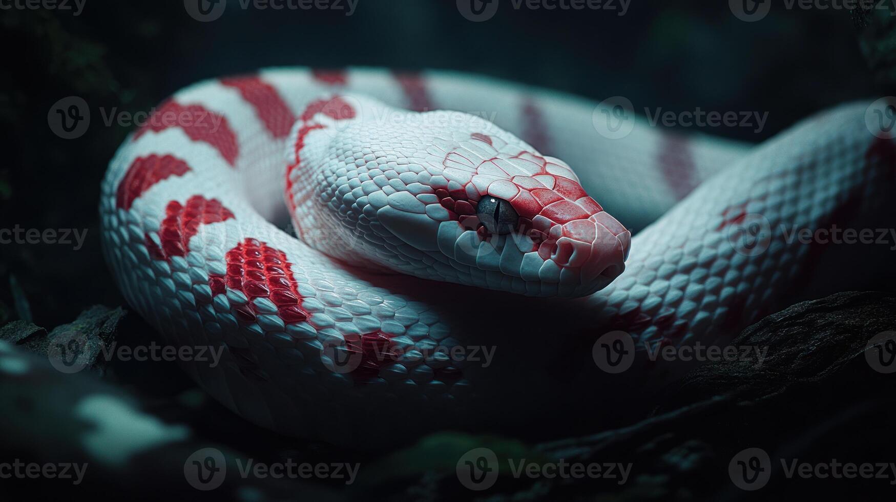 Close-up of a coiled, red and white snake photo