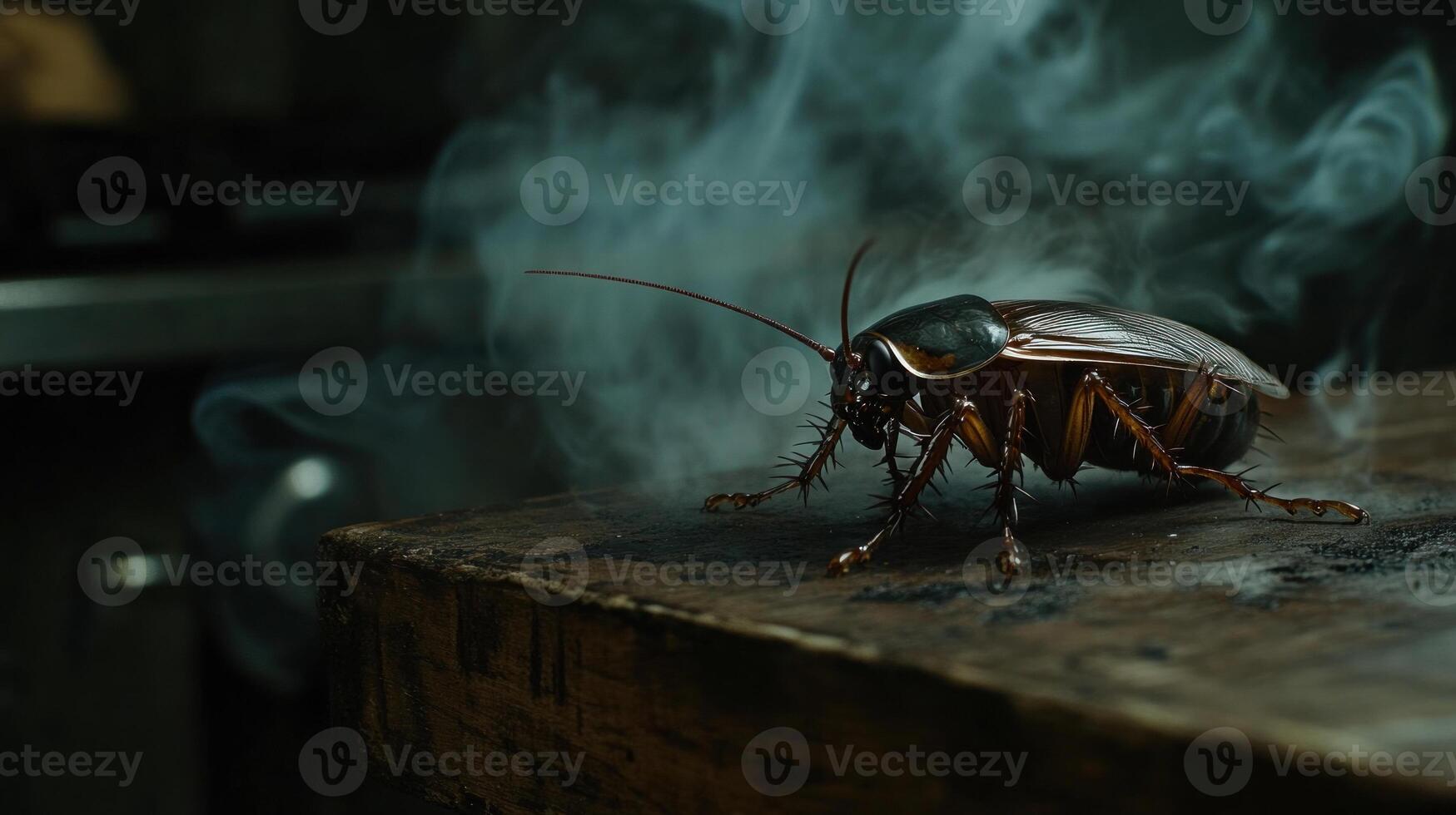 A large cockroach on a dark wooden surface, smoke billows around it photo