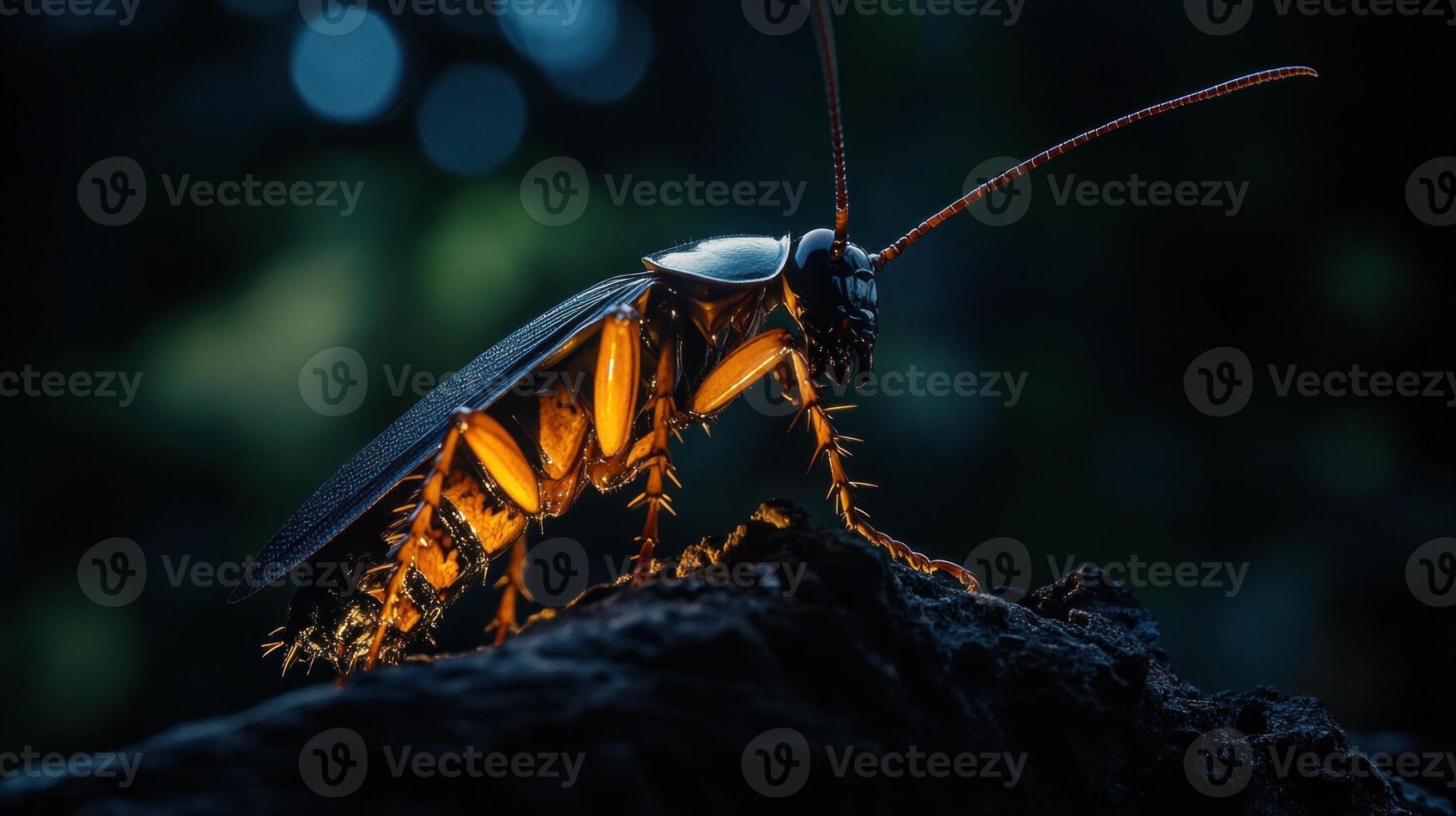 Close-up of a cockroach on dark ground, illuminated by soft light photo