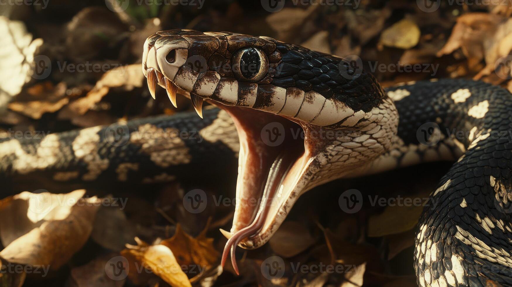 Close-up of a snake with open mouth. A venomous-looking snake, black and white patterned, lies on the forest floor, its jaws agape. Sunlight filters through the foliage photo
