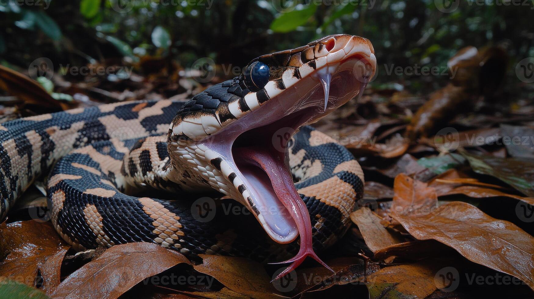 Close-up of a snake with open mouth, revealing tongue photo