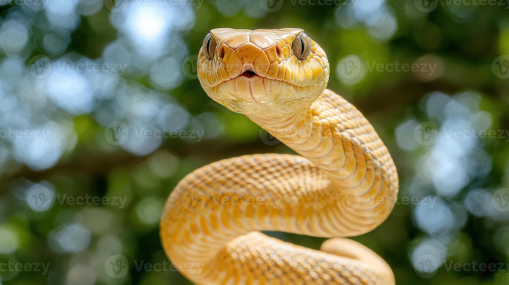 Close-up of a coiled, light yellow snake's head and neck, facing the camera. Blurred green foliage in background photo