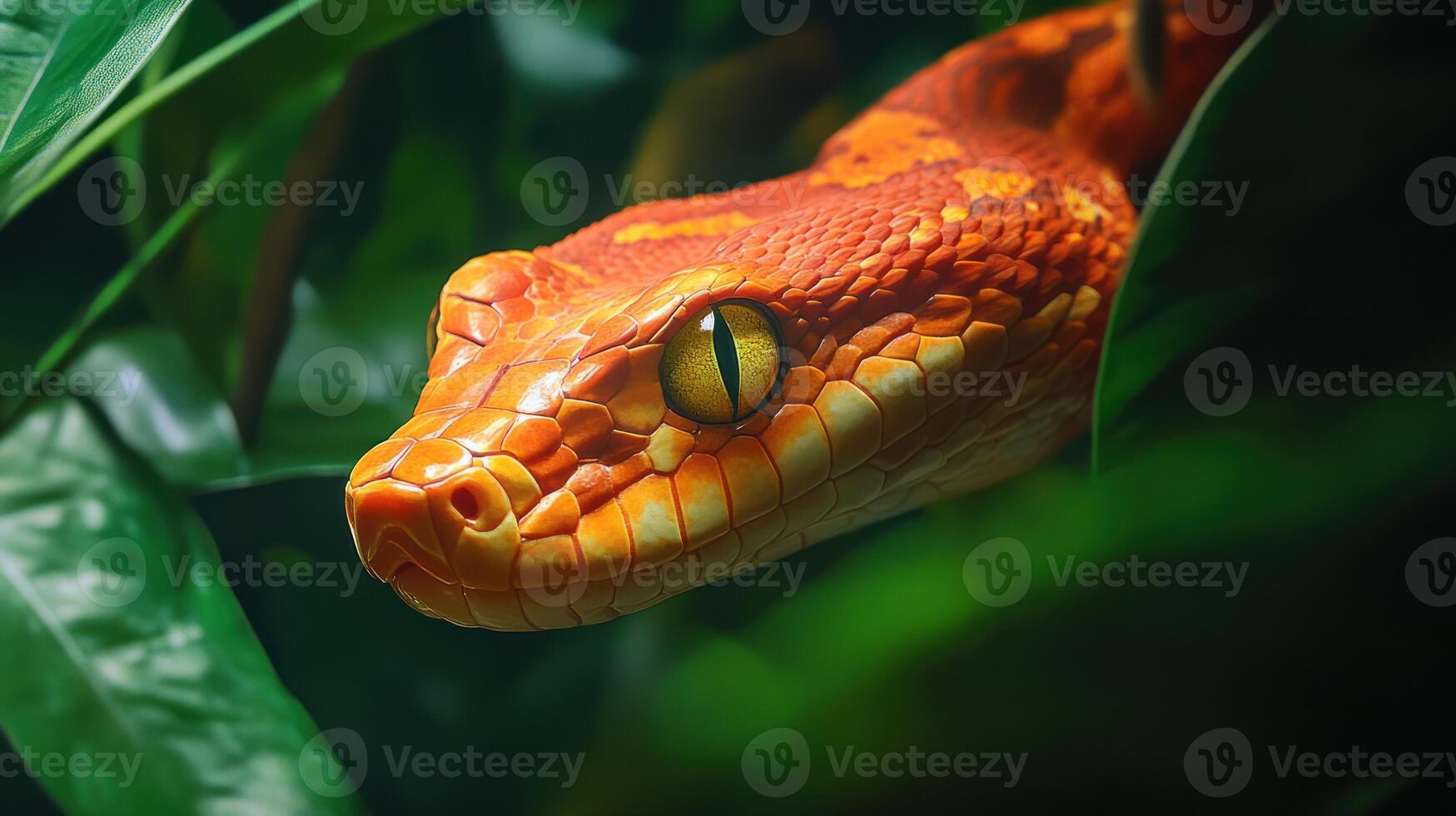 Close-up of an orange and yellow snake in a jungle photo