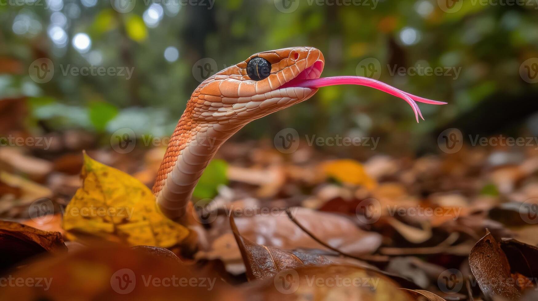 A snake, light tan and brown, with a pink tongue, emerges from fallen leaves in a forest photo