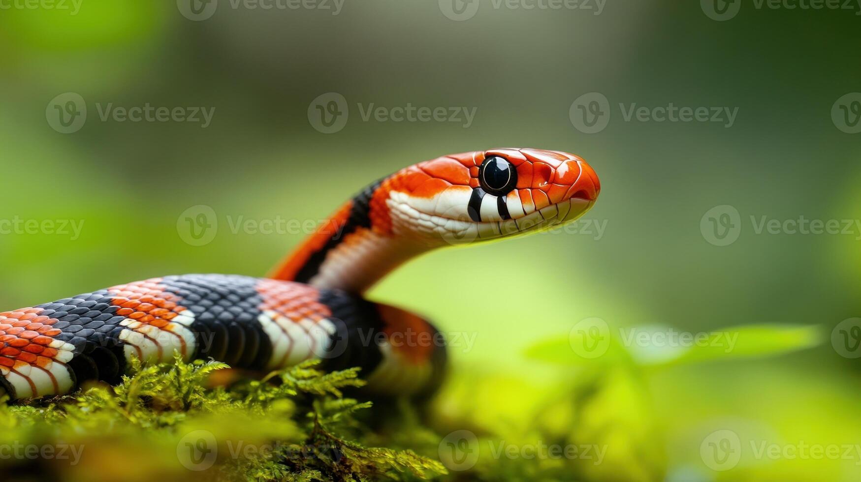 Close-up of a colorful snake in a lush, green forest setting photo