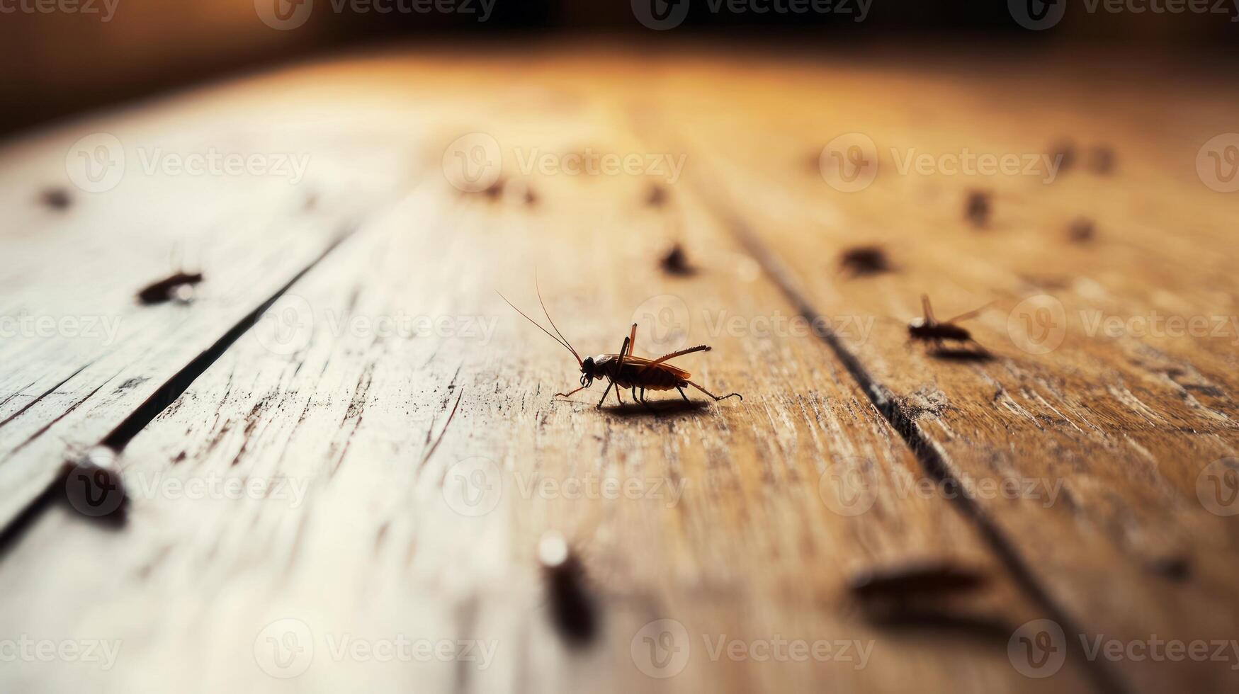 Many dark brown roaches on a light brown wooden surface. Close-up view photo