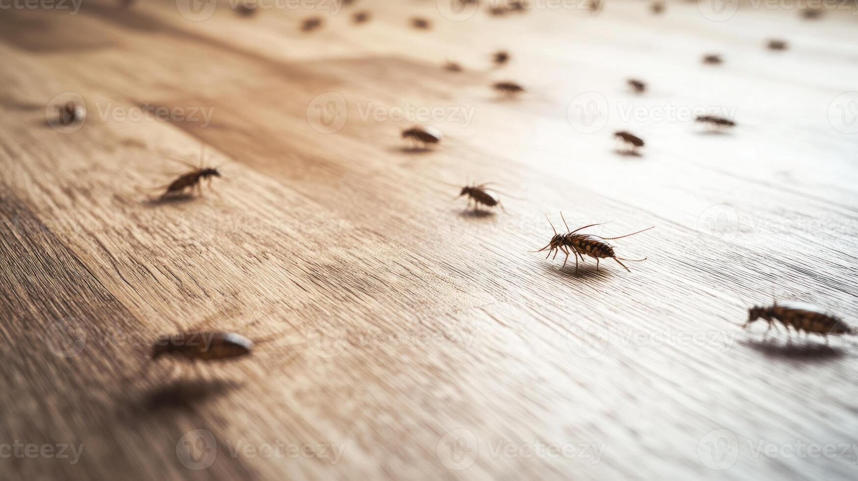 Many small, dark brown insects crawl across a light brown wooden floor photo