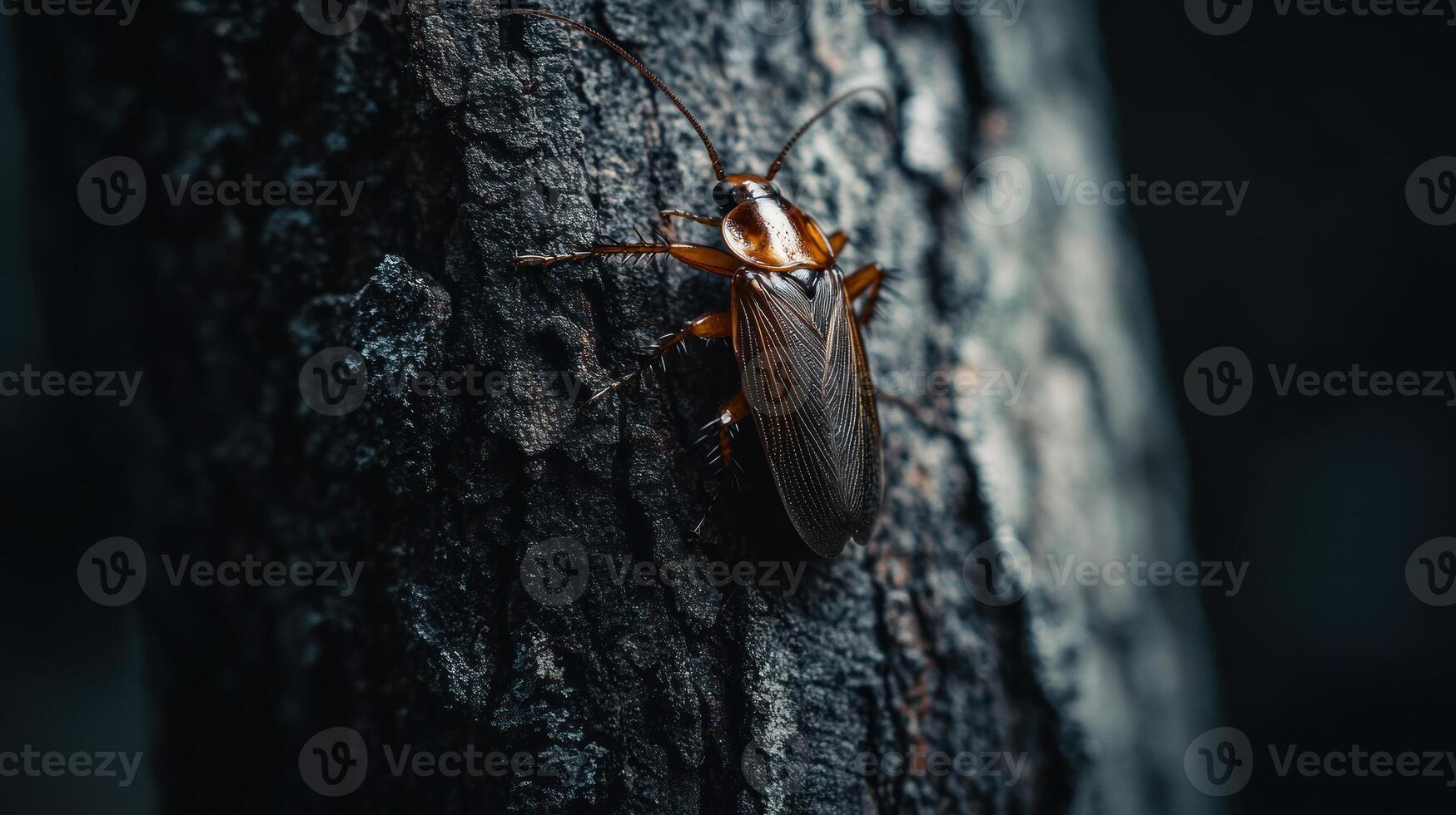 Close-up of a cockroach on a tree trunk. Dark, textured bark surrounds the insect. Focus is on the cockroach's body photo