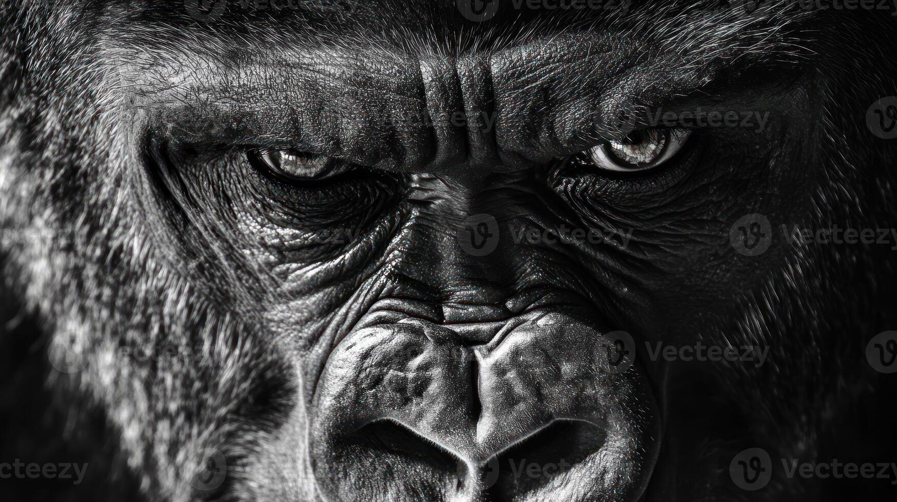 Close-up of a gorilla's face. Black and white, intense gaze photo