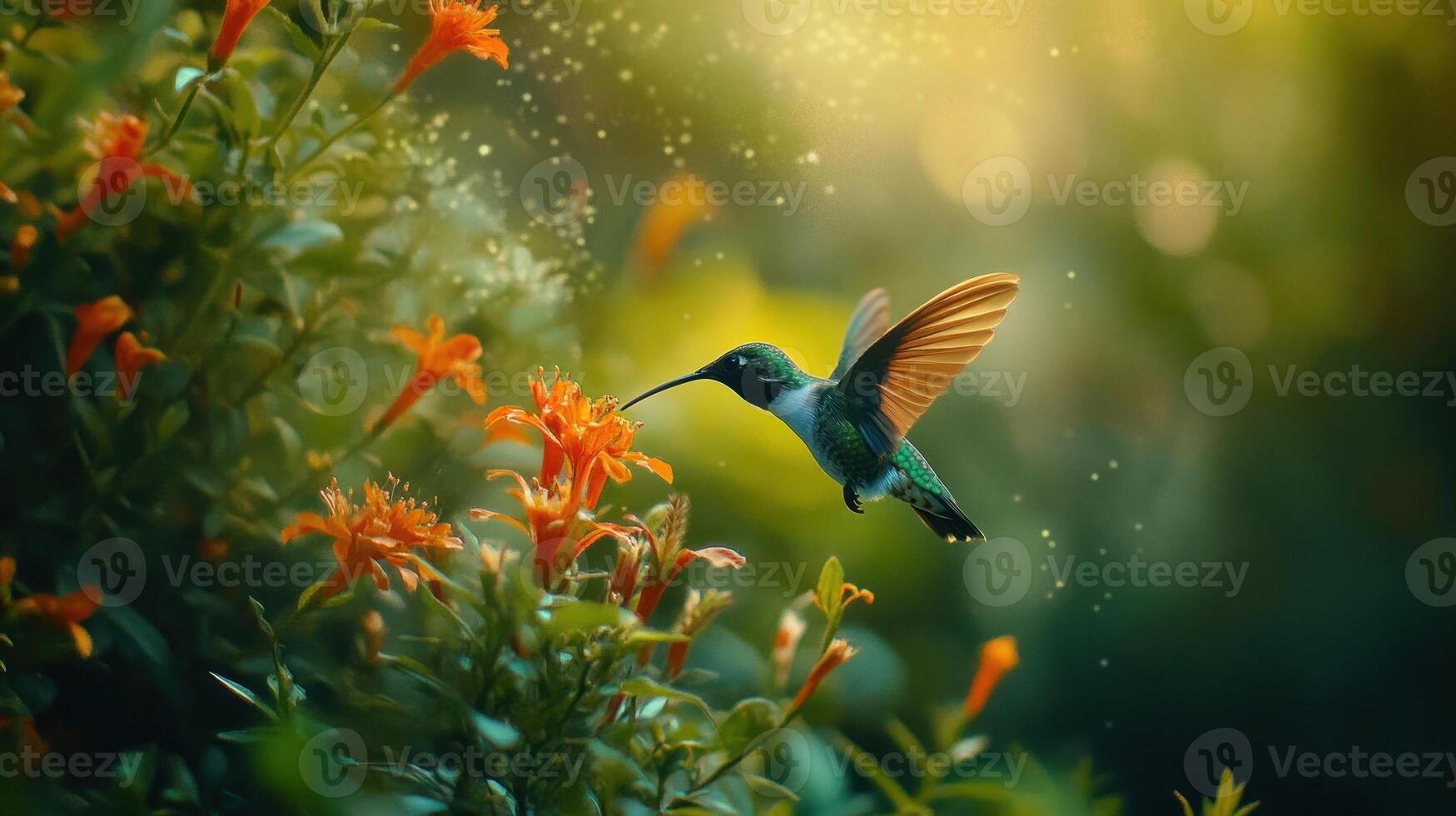 Hummingbird in flight, feeding on orange blossoms. Bright, vibrant colors. Soft focus bokeh background photo