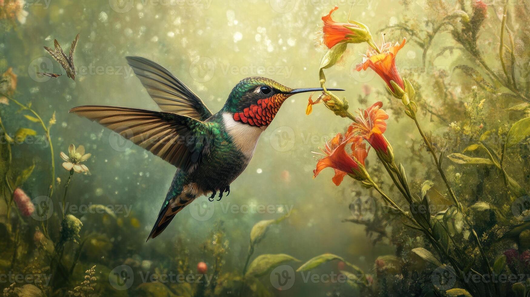 Hummingbird in floral garden, ethereal glow photo