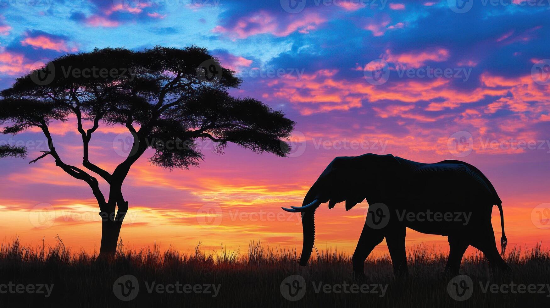 Silhouette of elephant at sunset in African savanna photo
