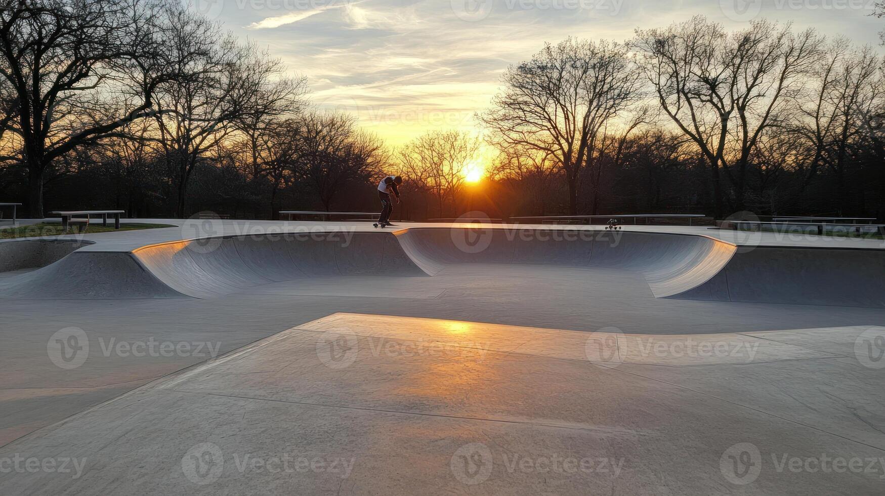 Skater at sunset in a concrete skatepark photo