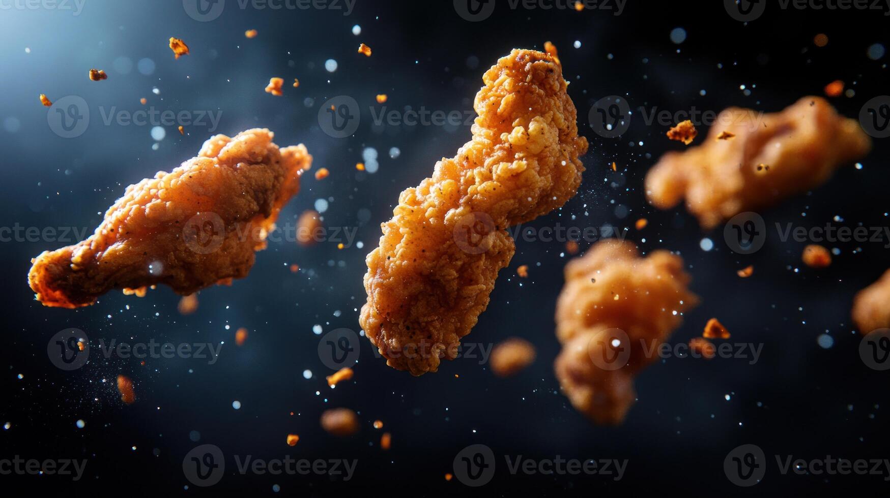 Crispy fried chicken pieces in mid-air, surrounded by crumbs and smoke photo