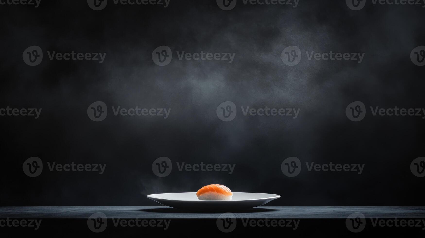 Single piece of salmon sushi on a white plate, bathed in dramatic lighting and smoke photo