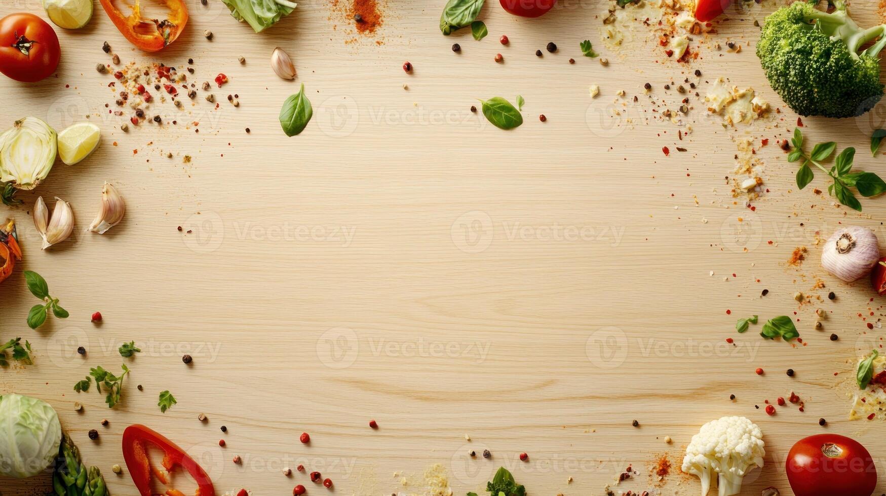 Colorful, fresh produce and spices arranged in a frame on a light wooden surface photo