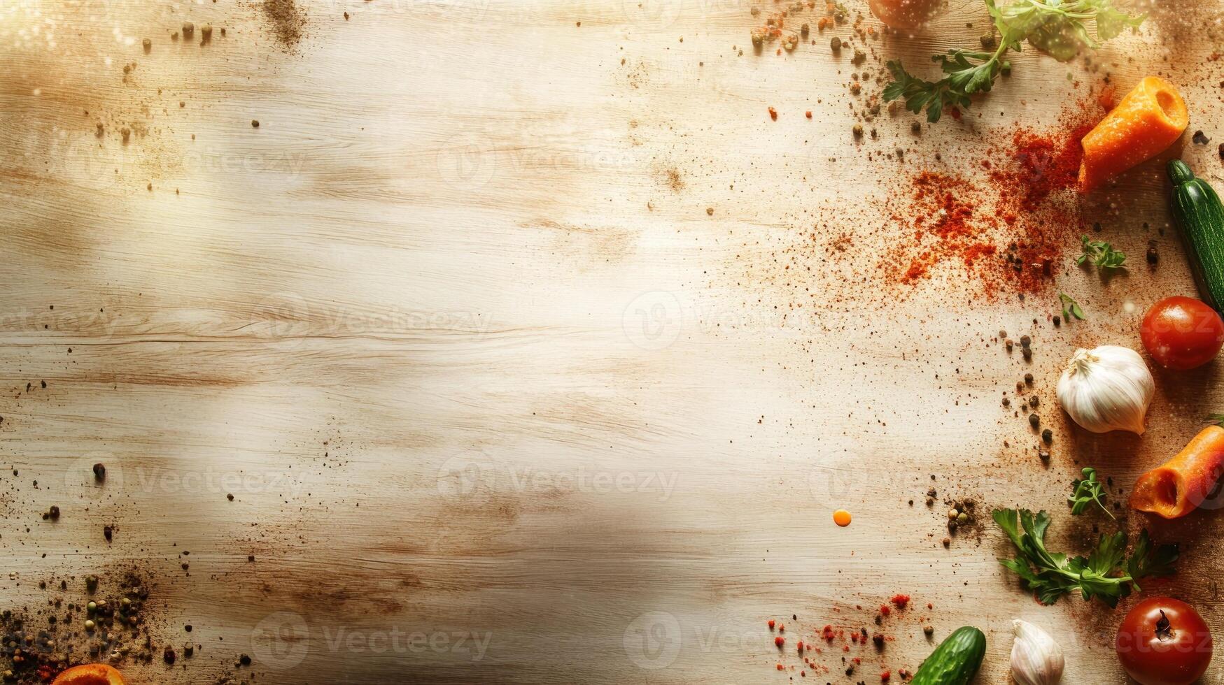 Fresh vegetables and spices on a light wooden surface, sunlit and slightly out of focus photo