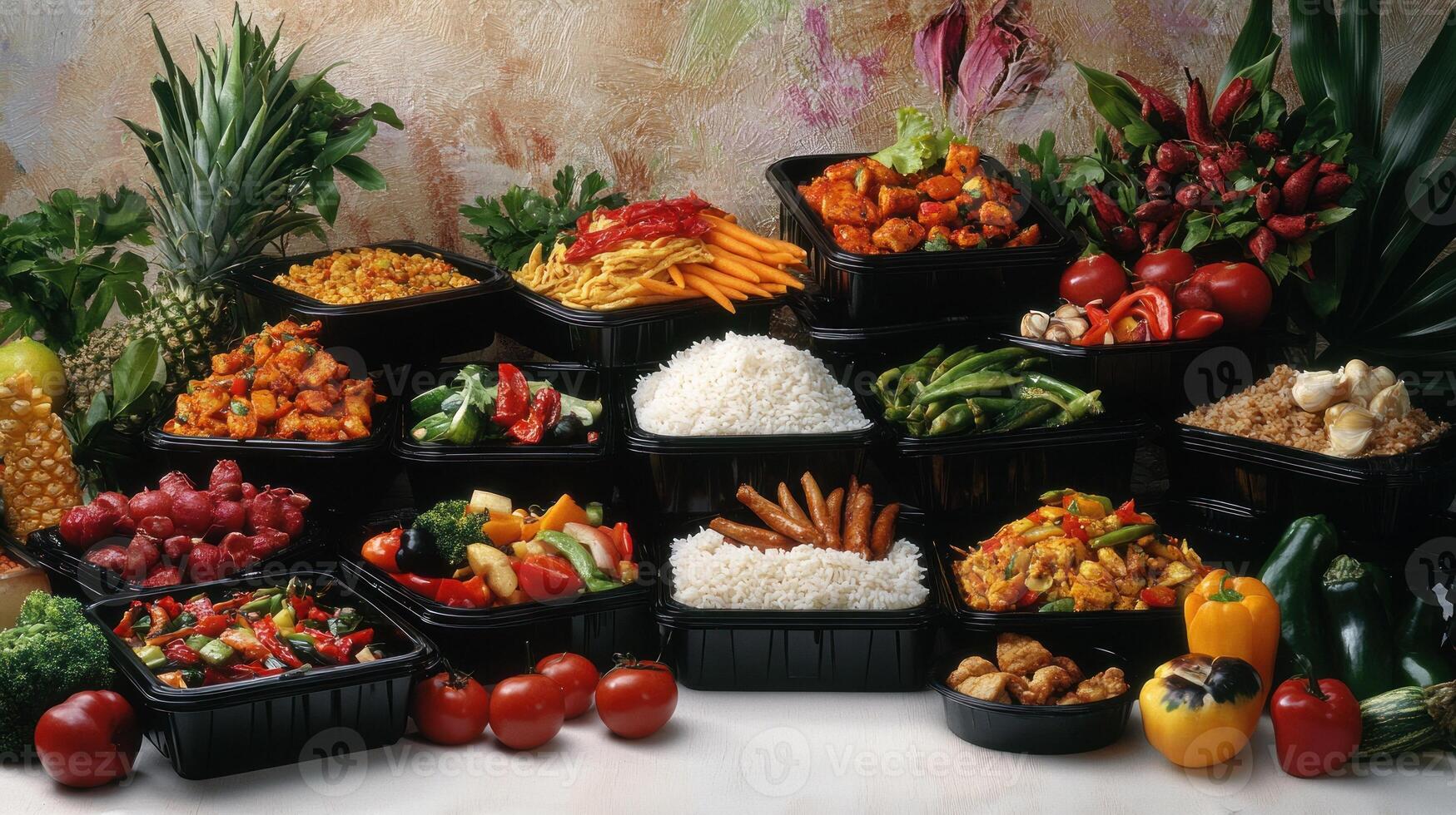 Assorted prepared foods in black containers, arranged in tiers. Fresh produce and vibrant colors photo