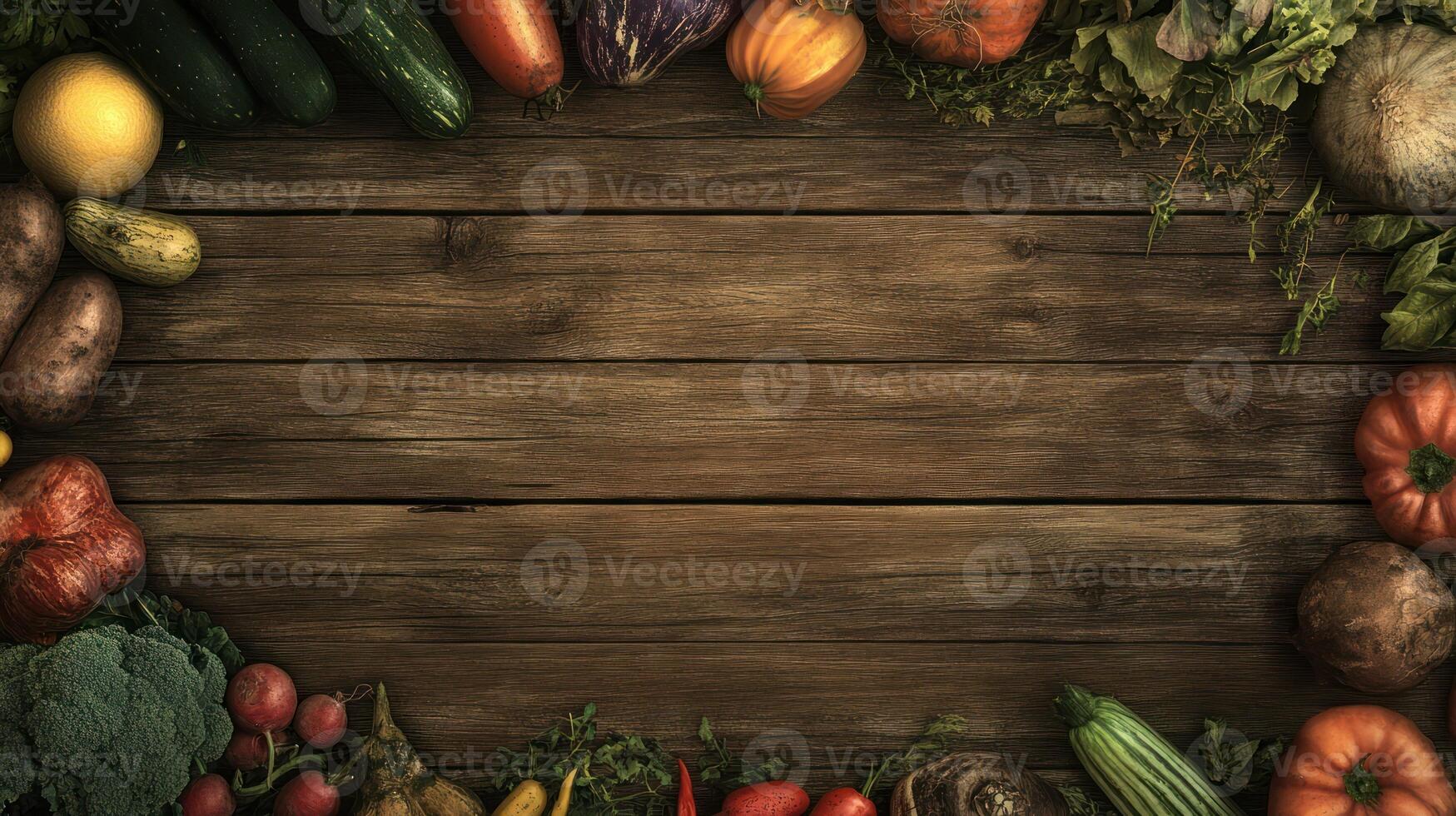 Colorful vegetables arranged in a border around a rustic wooden table photo