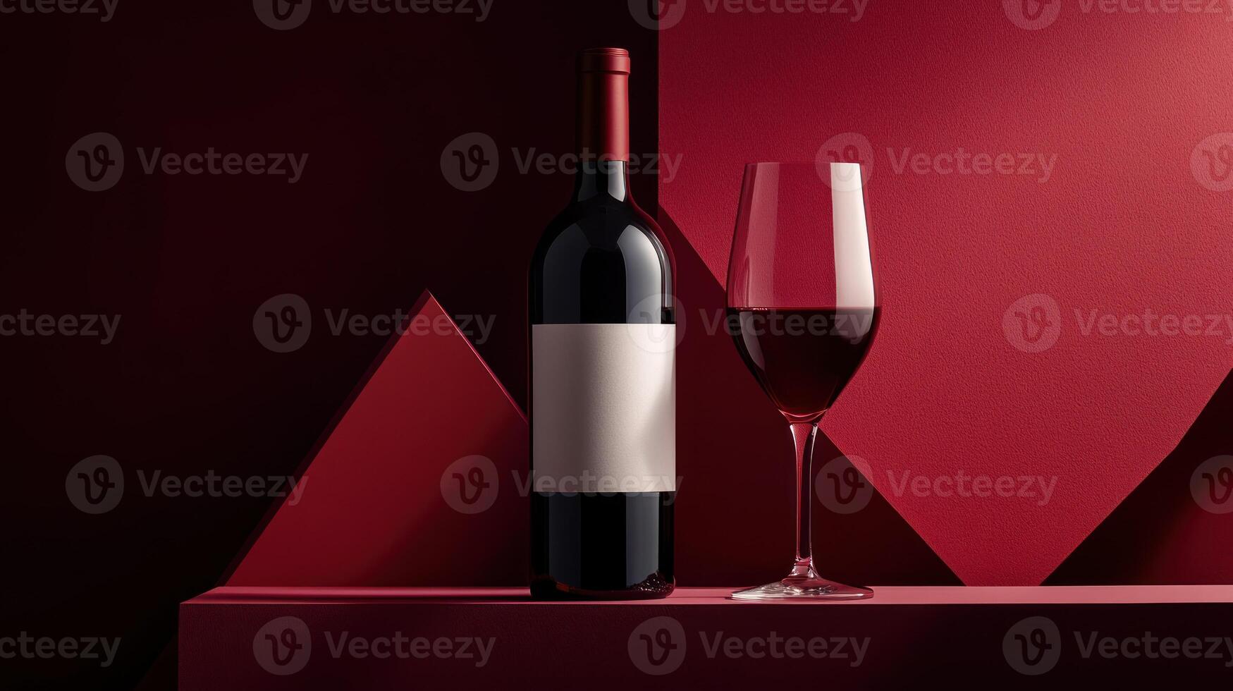 Red wine bottle and glass on a crimson surface. Geometric background photo