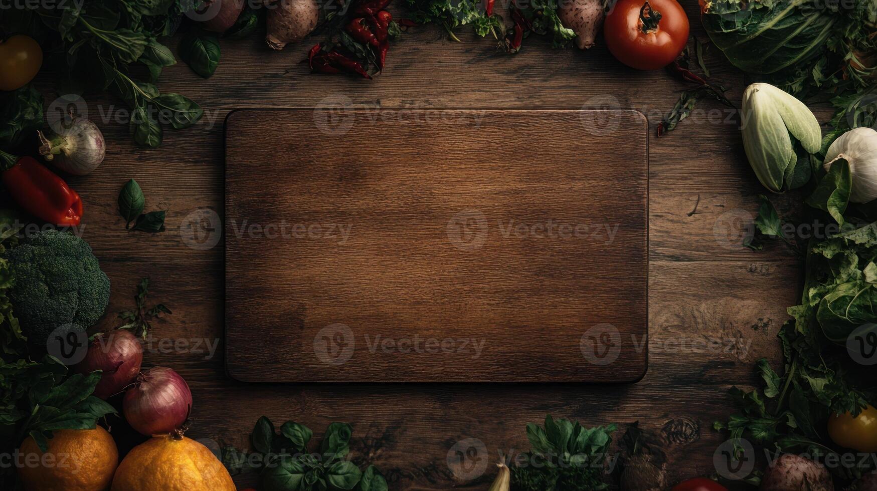 Empty wooden cutting board surrounded by fresh produce photo