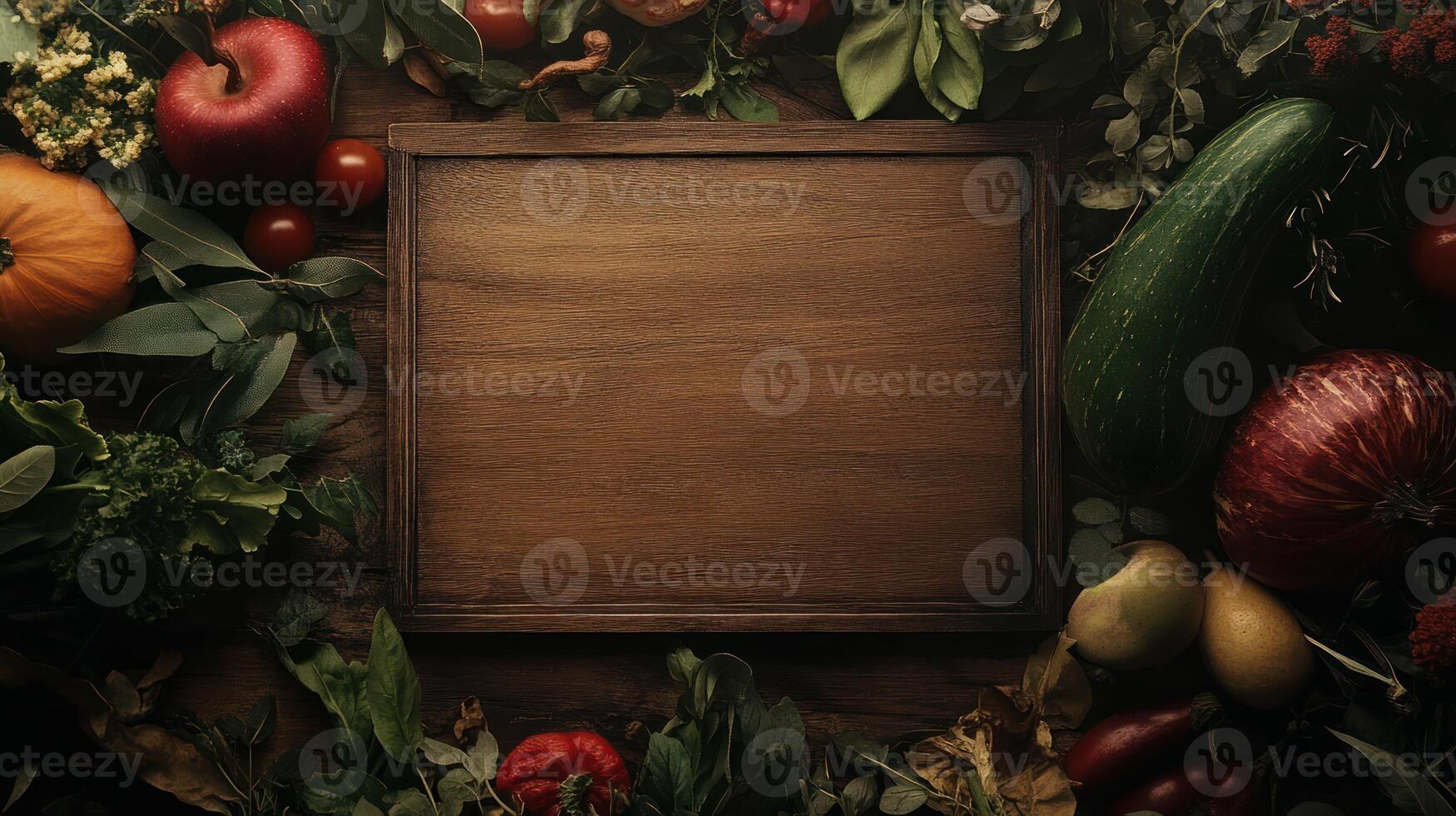Autumnal wooden board surrounded by fall produce photo