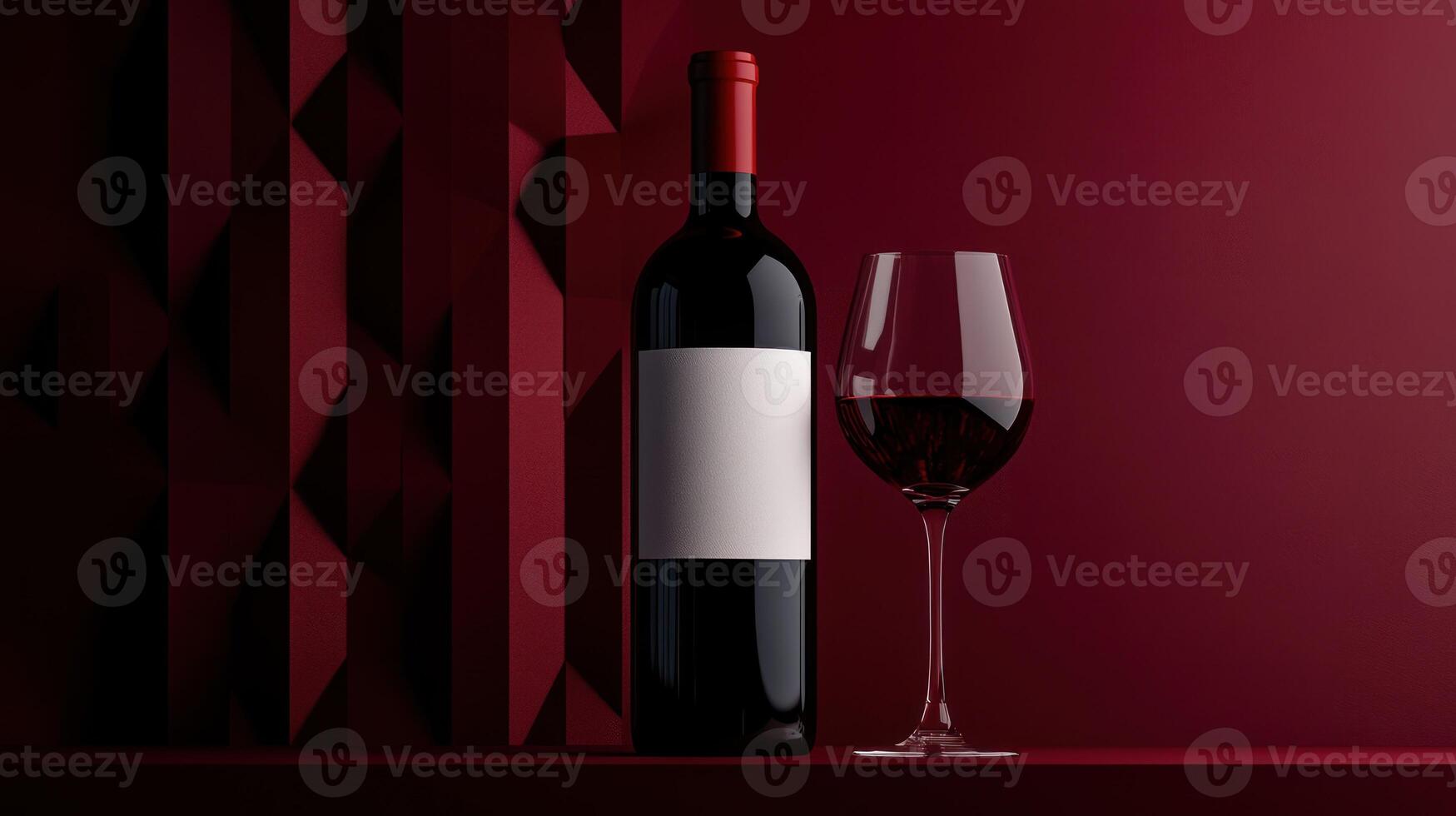 Red wine bottle and glass on a dark red surface, geometric background photo