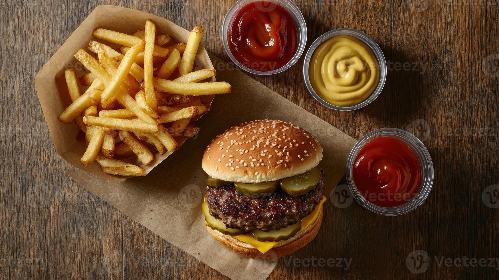 Burger and fries with condiments on a rustic wood table. Crispy golden fries in a paper container, a juicy burger with pickles and cheese, and small bowls of ketchup and mustard photo