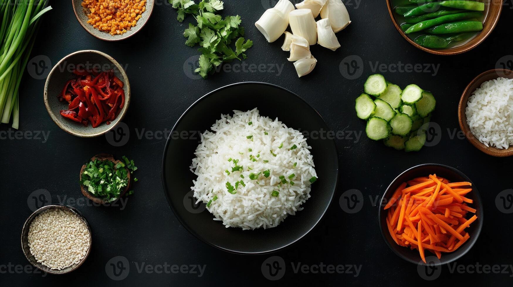 Overhead view of various Asian ingredients and cooked rice. Small bowls of chopped vegetables, spices, and herbs are arranged around a central bowl of fluffy white rice photo