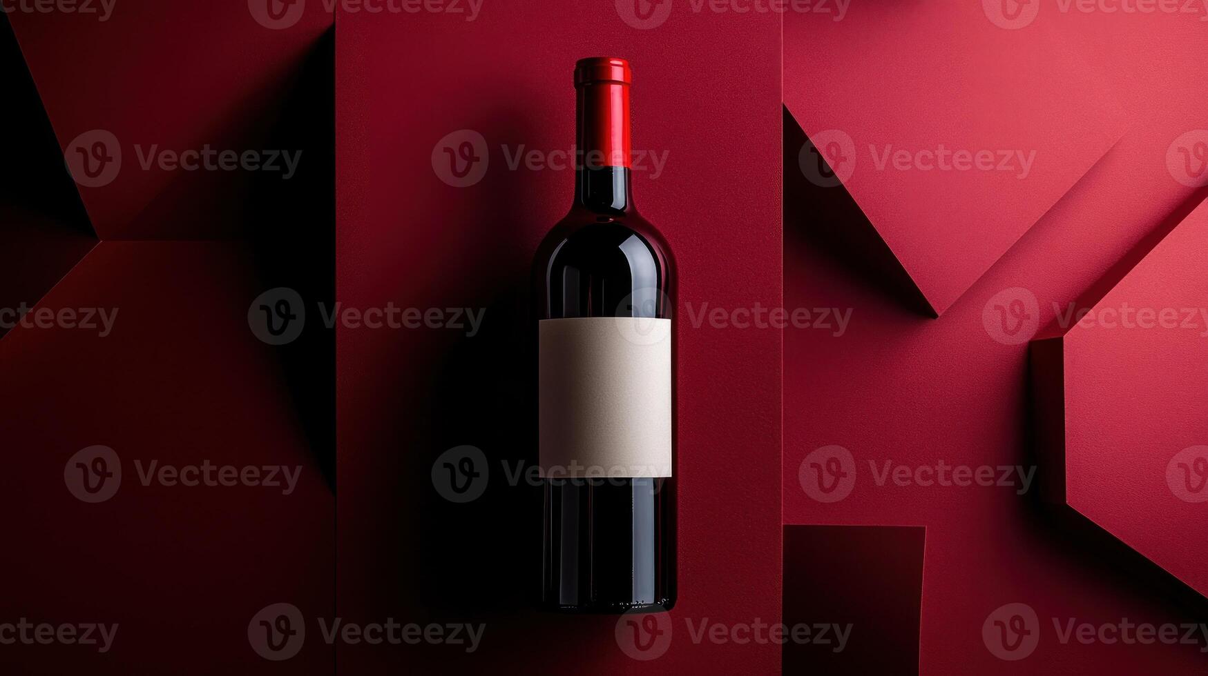 Red wine bottle on a deep red geometric background photo