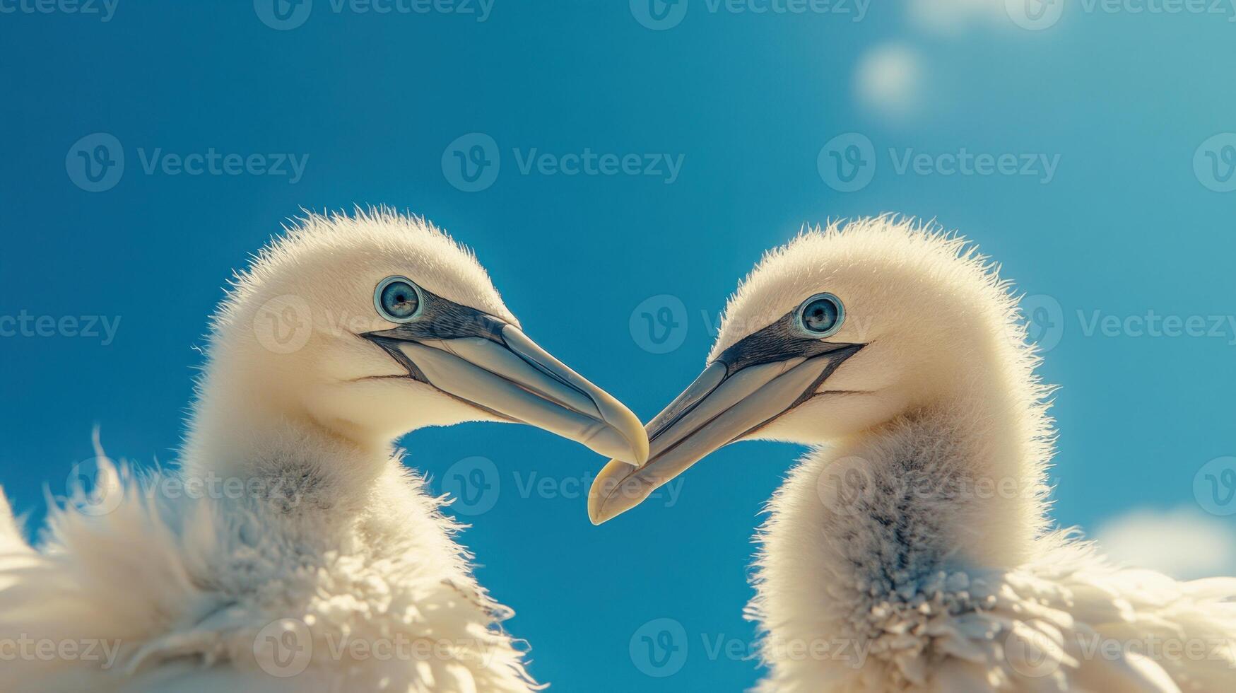 Close-up of two fluffy, baby seabirds facing each other against a vibrant blue sky photo