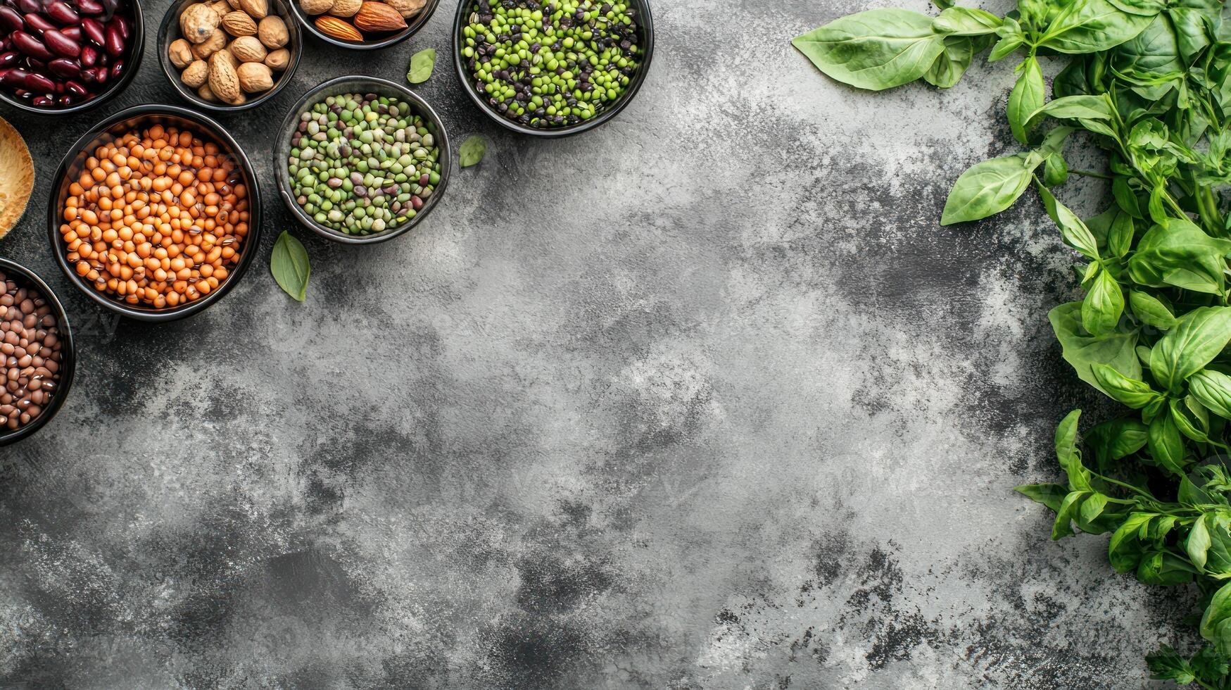 Assorted dried legumes and nuts in small bowls on a mottled gray surface with fresh basil photo