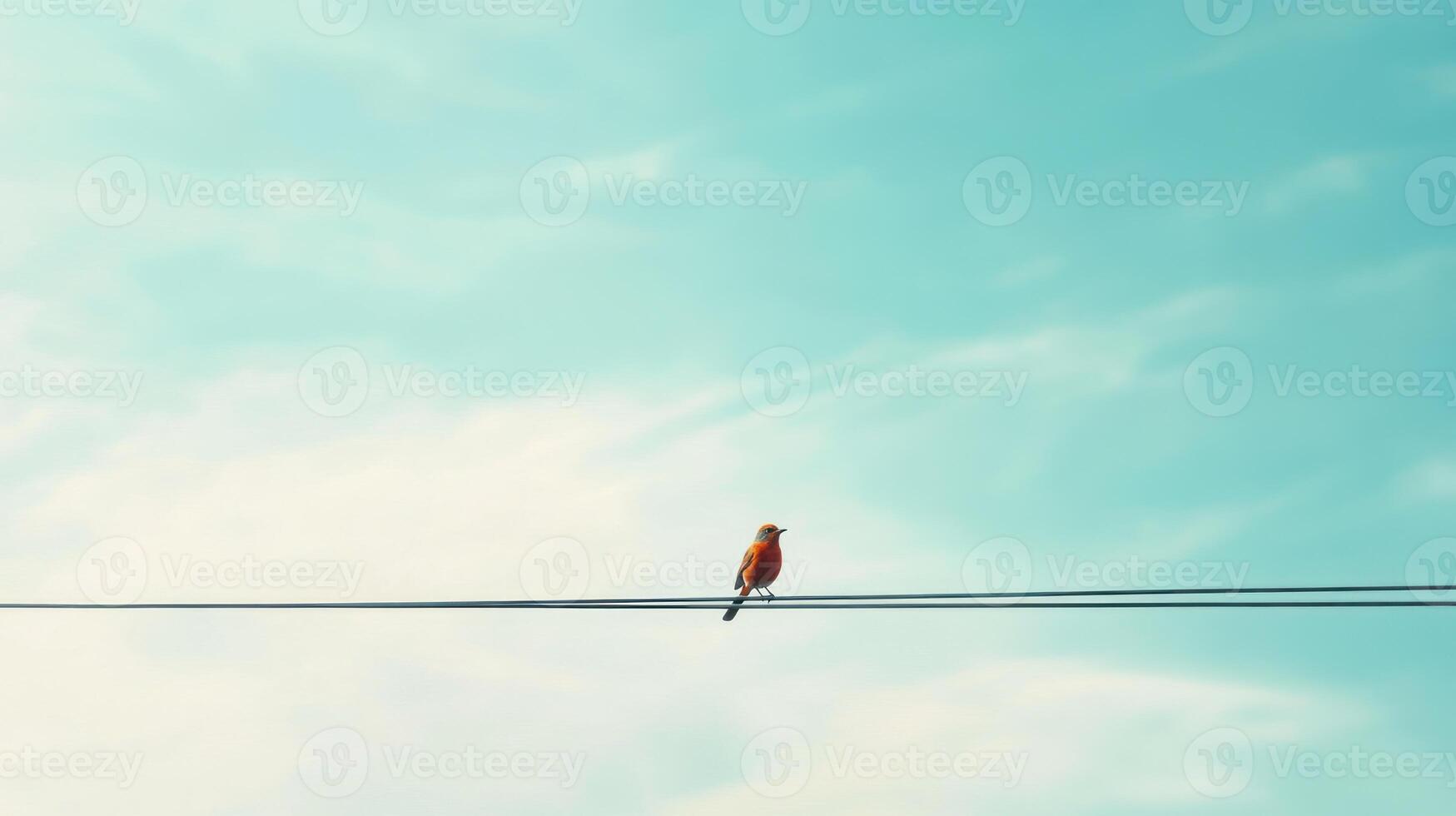 A small, orange-red bird sits perched on a thin wire against a pale sky photo