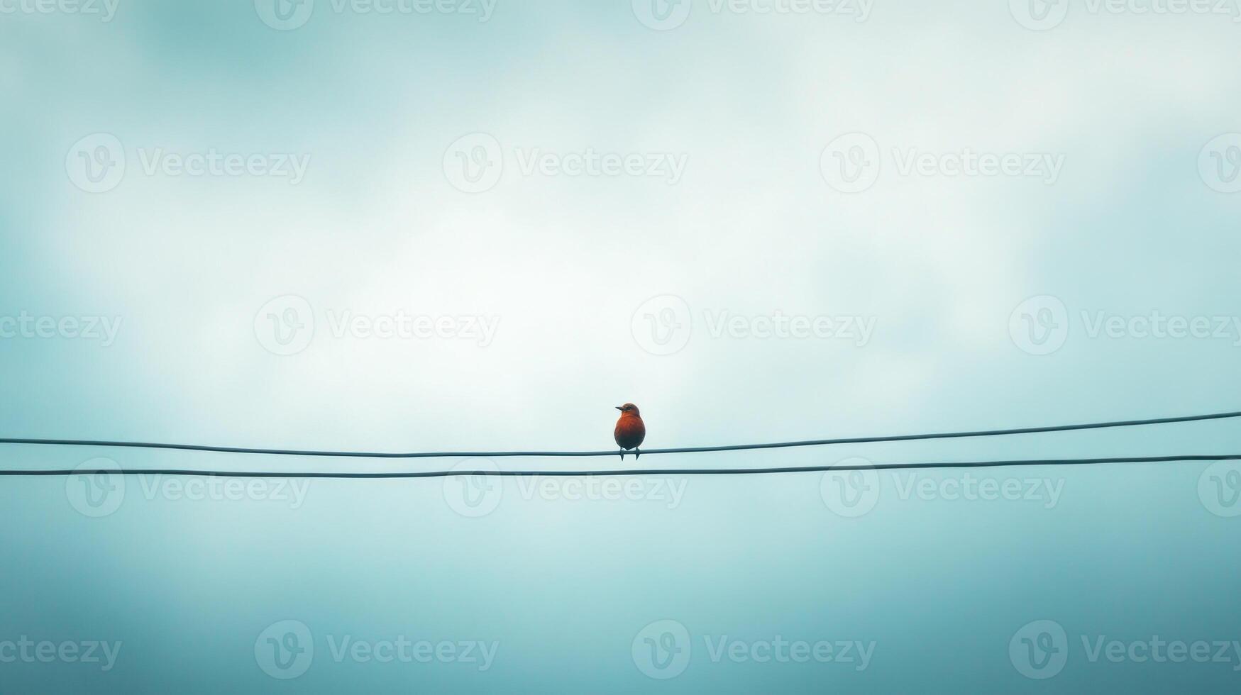 A small, reddish-brown bird perches on two parallel power lines against a soft, light teal-toned sky photo