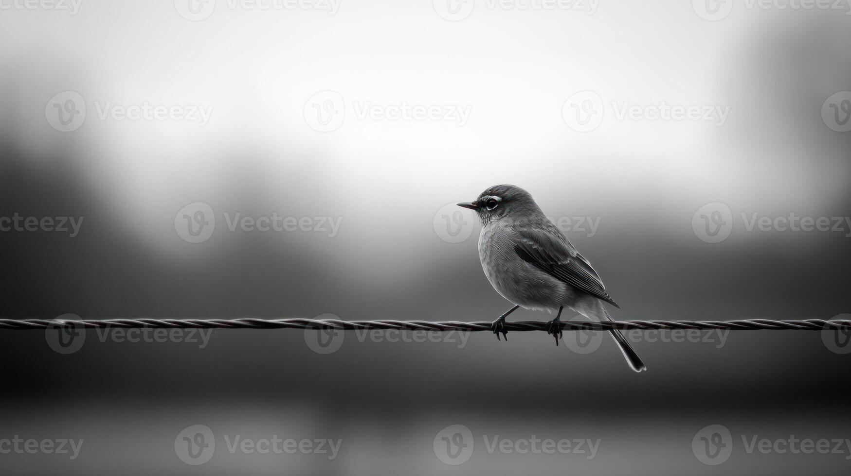 A grayscale shot of a small bird perched on a wire, with a softly blurred background photo