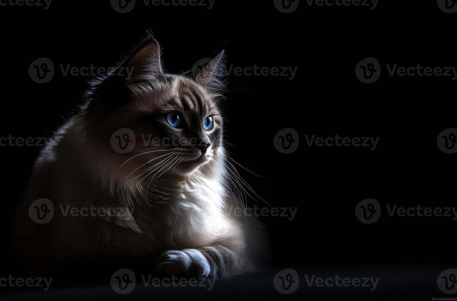 A regal cat, silhouetted, eyes luminous blue, in black backdrop photo