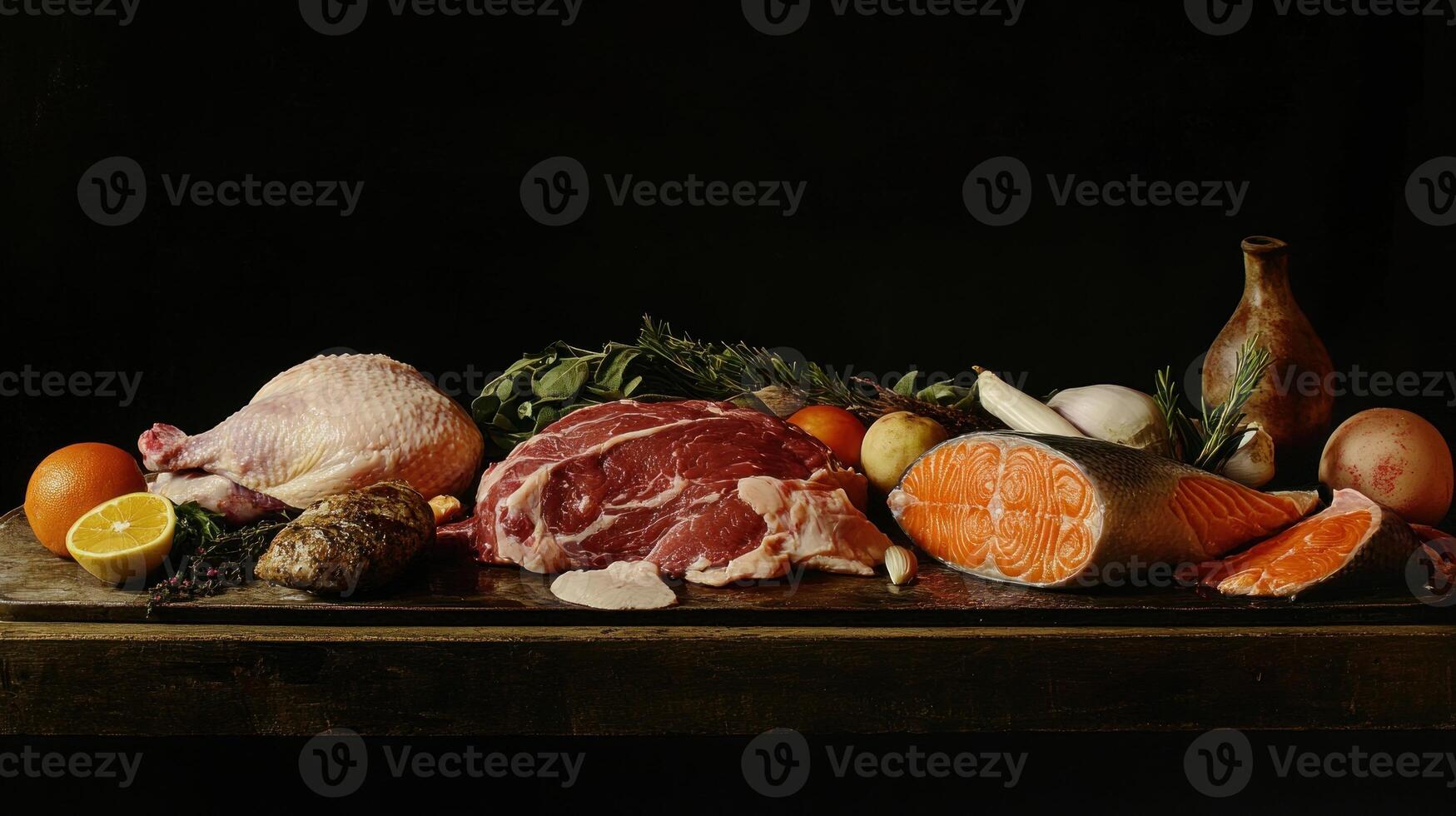 Still life of various meats and produce on a rustic wooden surface photo