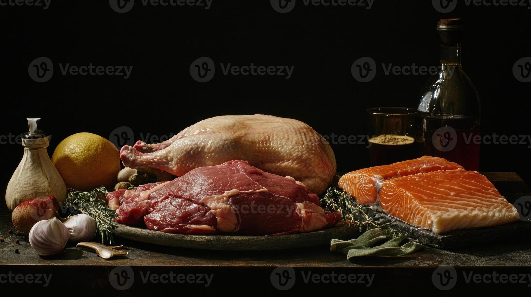 Still life of raw meat and fish. Dark background. Chicken, beef, salmon, lemon, herbs, garlic, olive oil. Food ingredients arranged on rustic wood table photo