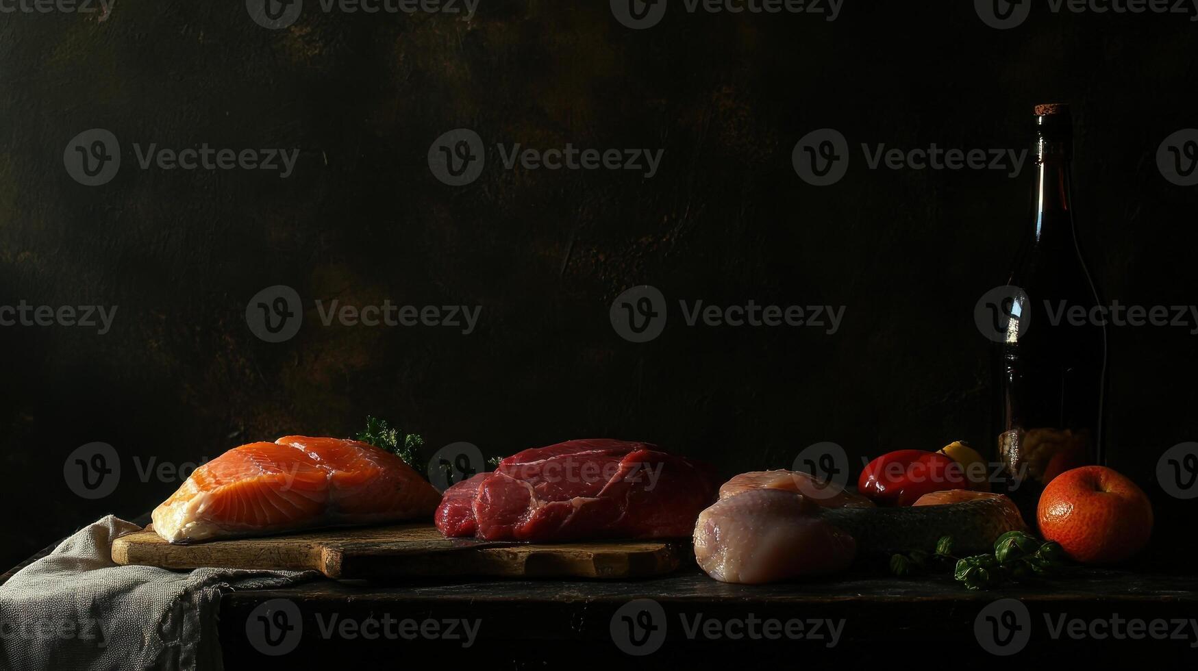 Still life of raw meat and fish photo