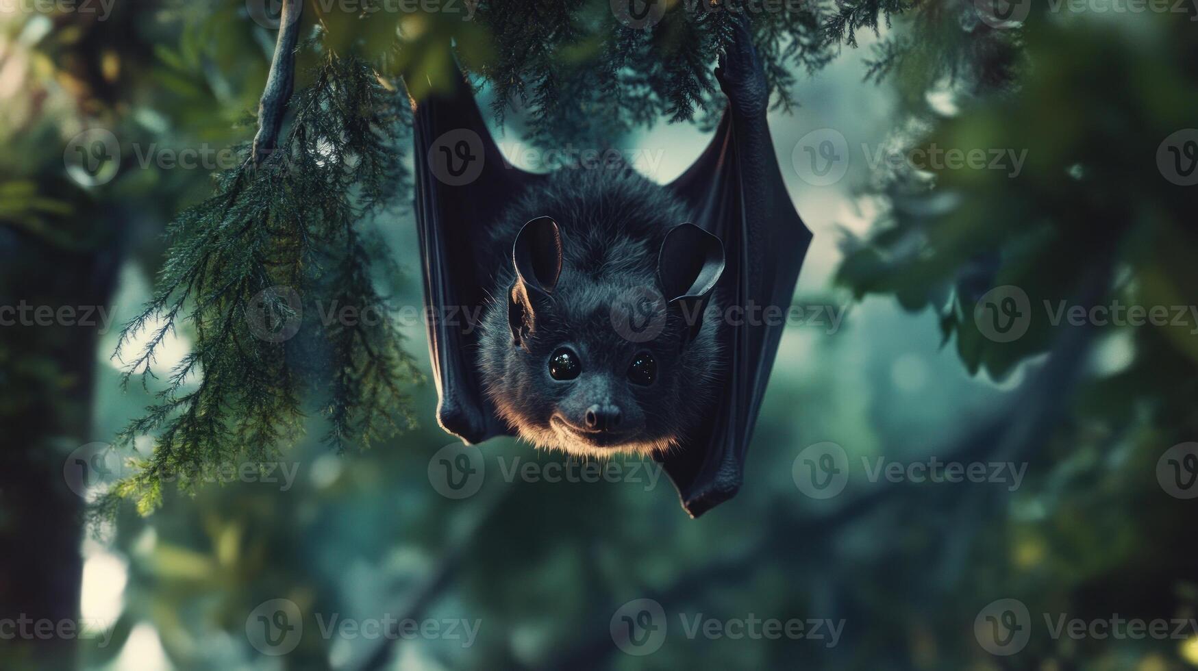Dark bat hangs upside down in a tree photo