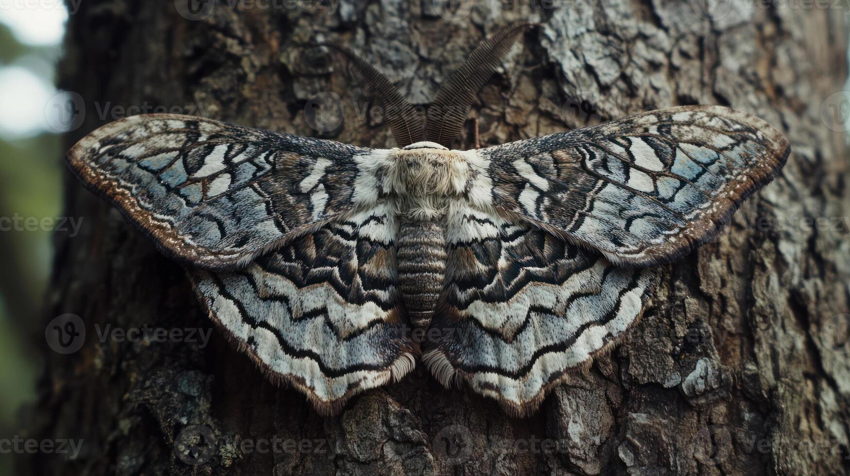 Close-up of a moth with intricate wings, resting on a tree trunk photo