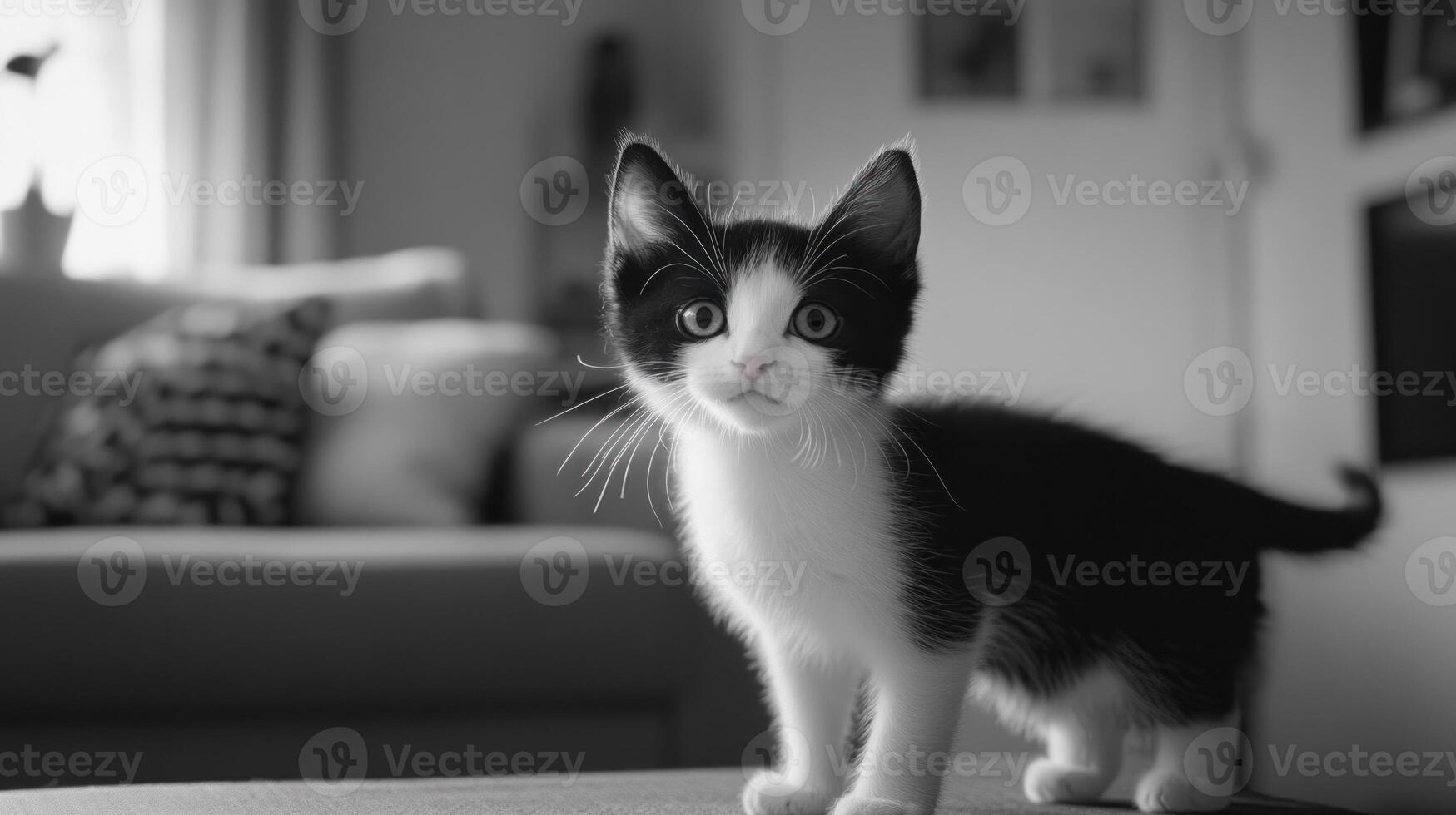 Black and white kitten, indoor shot photo
